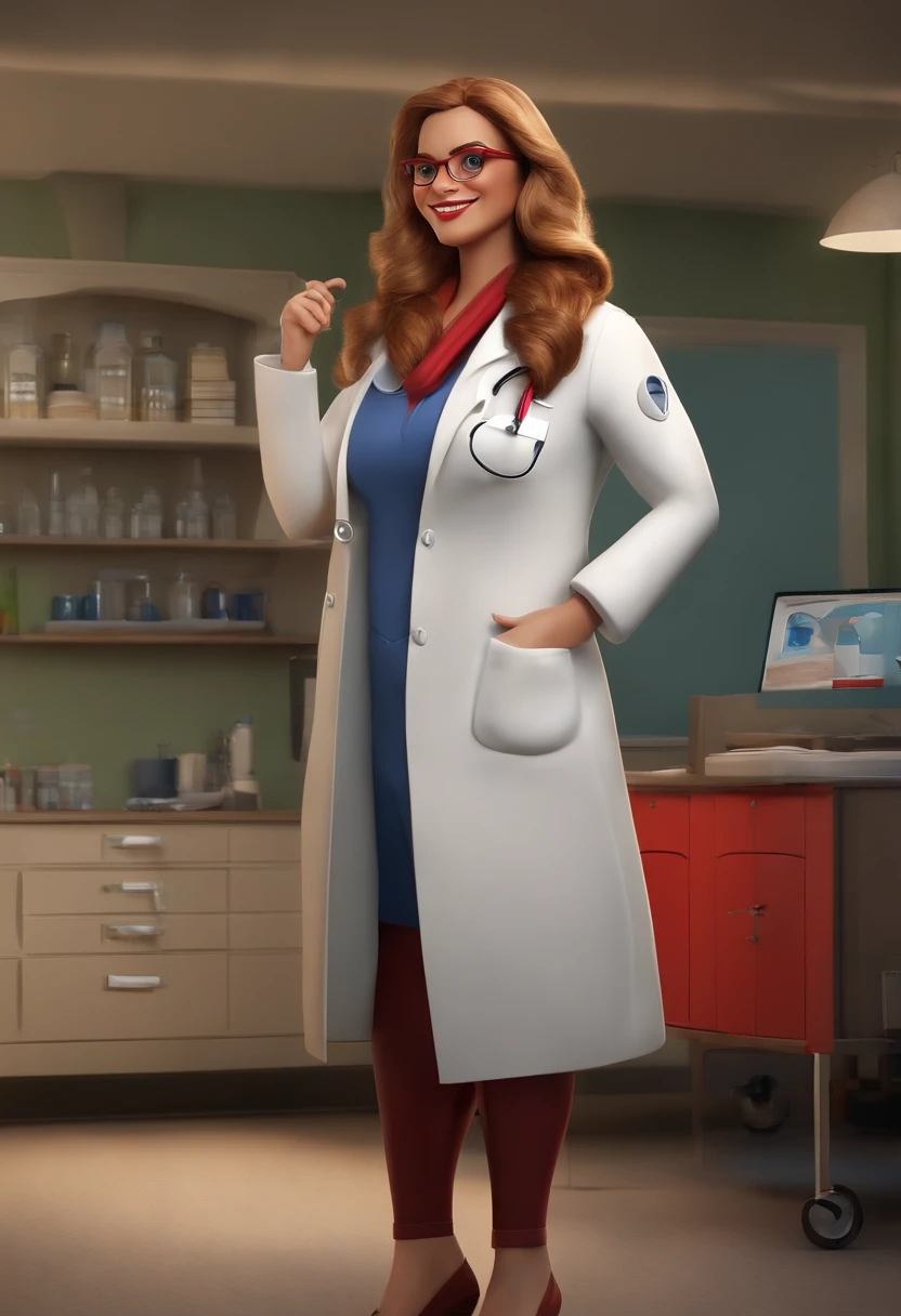 create a 3D movie poster inspired by Disney Pixar, The scene should be in Pixar's signature digital art style, com uma imagem caricata de uma mulher branca, magra, com cabelos loiro cacheados, porte grande , cor loiro, Wearing a lab coat at the doctor's office, with red glasses