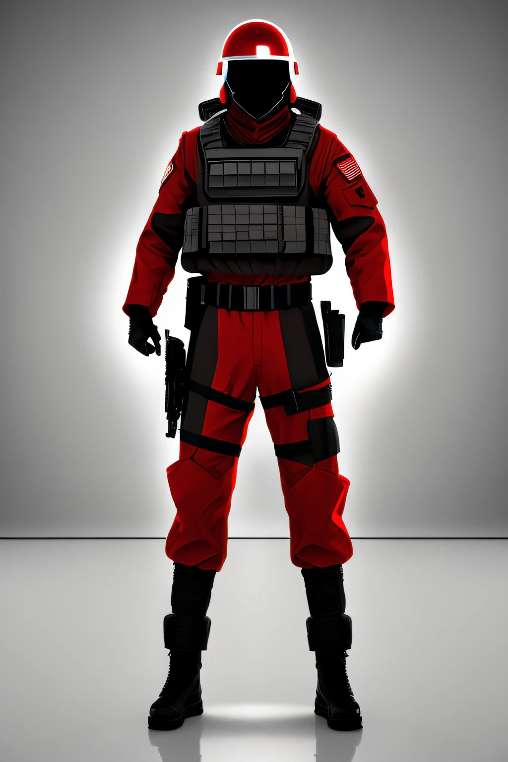Soldier in red soviet military uniform with futuristic elements on bright white background, whitebackground, White background for asset, t-pose, Out-T, in the left hand, He is armed with a futuristic electric weapon, future, Red shades, Futurism