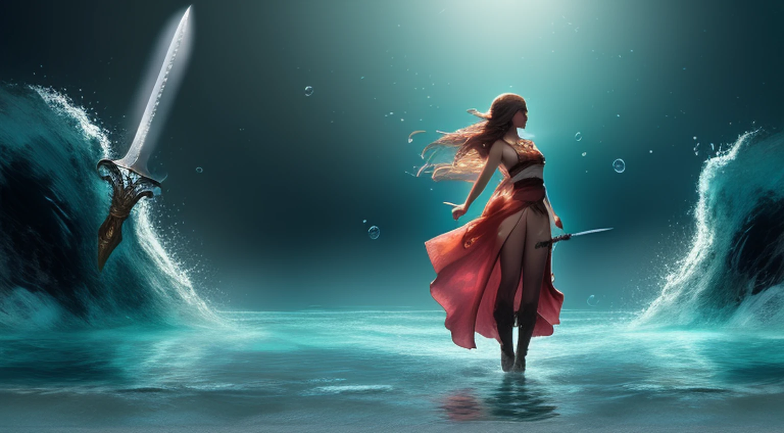 lady of the lake, a fey woman partially submerged, arms outstretched (((holding Excaliber sword horizontaly))), water dripping off of clothes, flowing gossamer clothing, enchanting,artstation,smooth, sharp focus,art by ross tran and greg rutkowski and alphonse Mucha and Bak Karol, (digital painting:1.16), soft lighting, CGSociety,ArtStation,(__Hyperrealism:1.3),(__Photorealism:1.3),(Land Art:1.3),(CMYK Colors:0.5),naturalism,land Art,regionalism,shutterstock contest winner,trending on unsplash,featured on Flickr