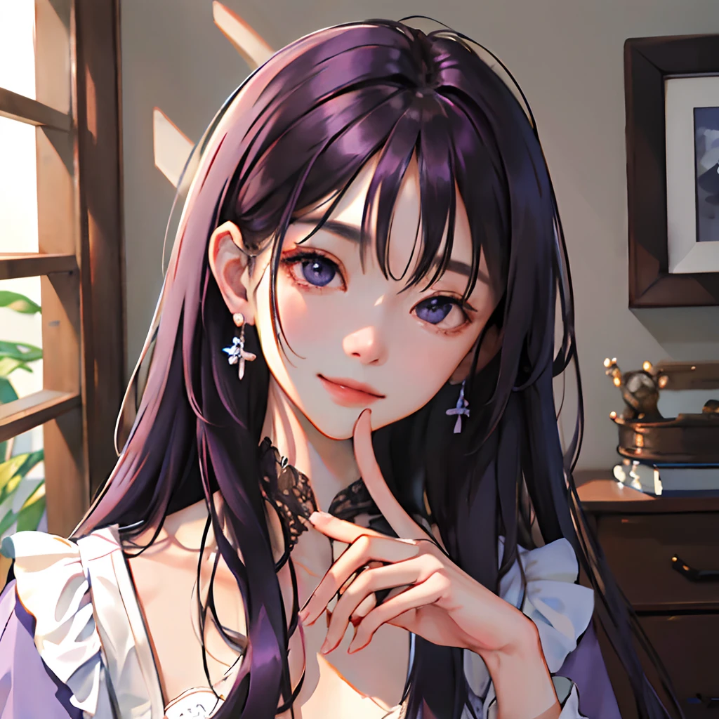 masuter piece:1.2、top-quality)、(Real Photographics、intricate-detail)、独奏、1、Home、facial close-up、The shirt、(Front Focus)、large round、A slight smil、wondrous、purpleish color、Long