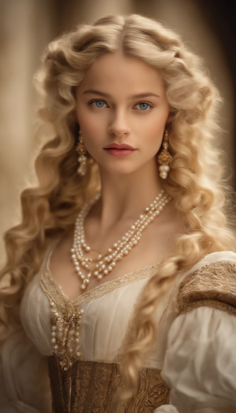 magem de um menino Valois, a young French courtesan of the sixteenth century of the fourteenth century, de 16 anos, com sua beleza e charme. Blonde with white hair and beautiful expressive blue curly eyes with small strands and braids. She is dressed in an exquisite dress with white details with pearls and gold, com um decote profundo. Joias finas, colar com muitas perolas e safiras, brincos de perolas e aneis nos dedos. (melhor qualidade,ultra-realistic:1.2),A high resolution ,ultra-detalhado,