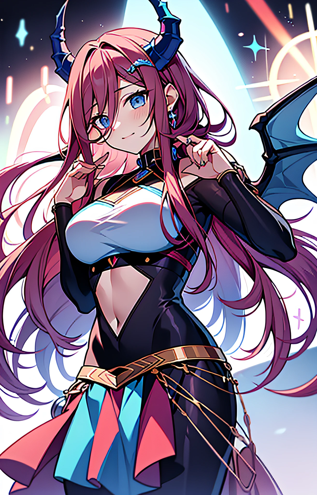 best qualtiy,tmasterpiece,Ultimate Resolution,downy,highly colorful,Colorful,The Beauty of the Dragon,A MILF,Long red and blue hair,Long messy hair,A pair of dragon horns,A pair of dragon wings,a matural female,Crop topping,Super skirt,Metamorphosis is exposed,dome,Skysky,Normal posture