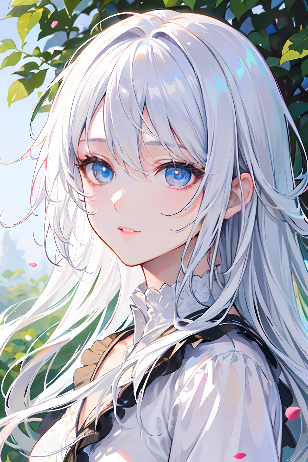 (best quality,4k,8k,highres,masterpiece:1.2),ultra-detailed,(realistic,photorealistic,photo-realistic:1.37),long white hair,flowing hair,ethereal white hair,cascading hair,beautiful detailed eyes,beautiful detailed lips,fair skin,delicate facial features,(anime,character illustration) style,vivid colors,soft lighting,serene pose,subtle smile,standing in a garden,flowering trees,butterflies dancing around her,gentle breeze blowing her hair,peaceful atmosphere