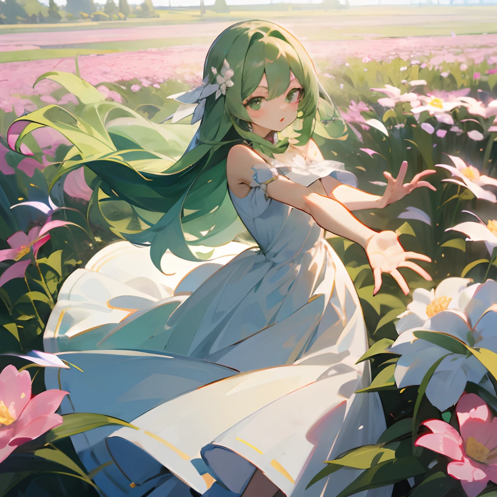Reach for the first letter、Fair-skinned girl with emerald green long hair and white dress in a flower field。