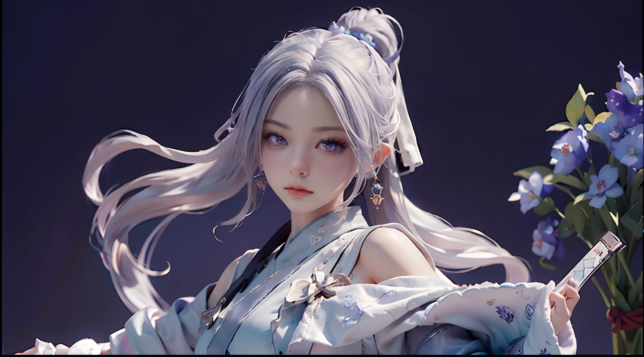 (((masterpiece))), (((best quality))), ((ultra-detailed)), (highly detailed CG illustration), cinematic light, intricate detail,
full body, chibi,
1girl, white hair, ponytail, purple eyes, (ninja), short sword, medium breats ,scarf, wallpaper, magic circle background, light particles, blue fire,