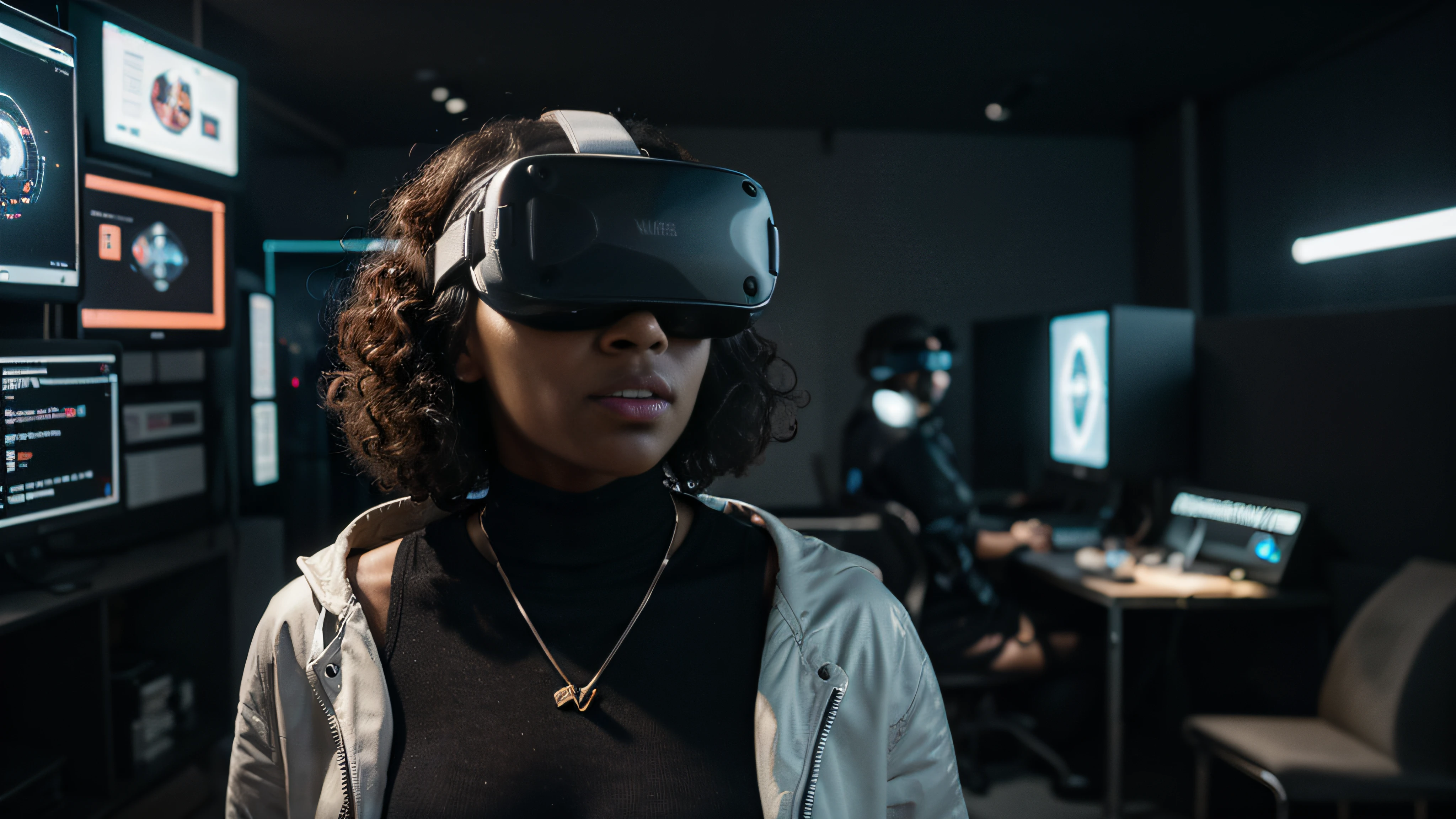A black woman with curly hair immersed in the cyber and digital world of the metaverse, wearing virtual reality (VR) glasses. He is involved in a highly technological environment, with a futuristic aesthetic and elements of cyberspace around him