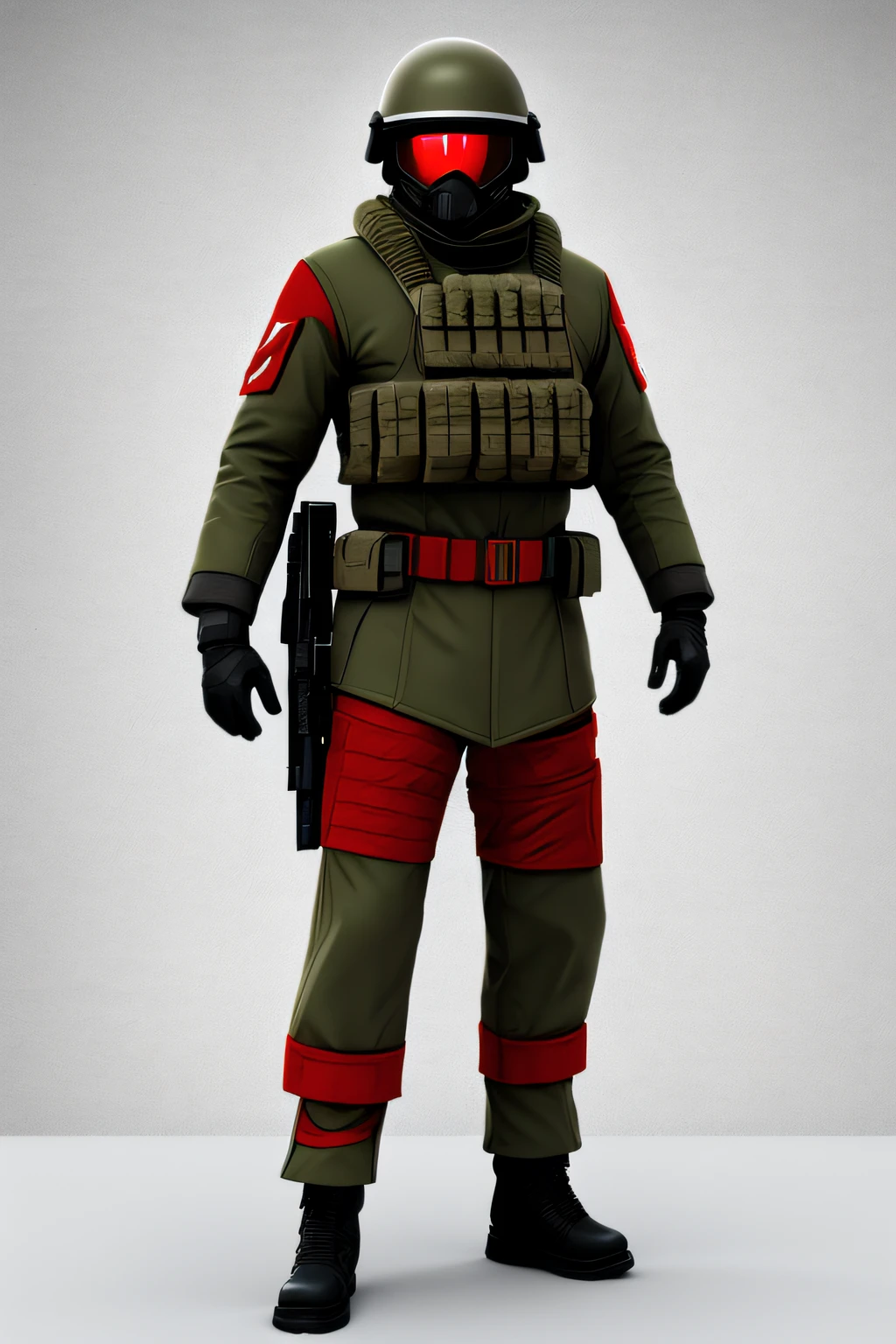 Soldier in red soviet military uniform with futuristic elements on bright white background, whitebackground, White background for asset, t-pose, Out-T, in the left hand, He is armed with a futuristic electric weapon, Retro Futurism