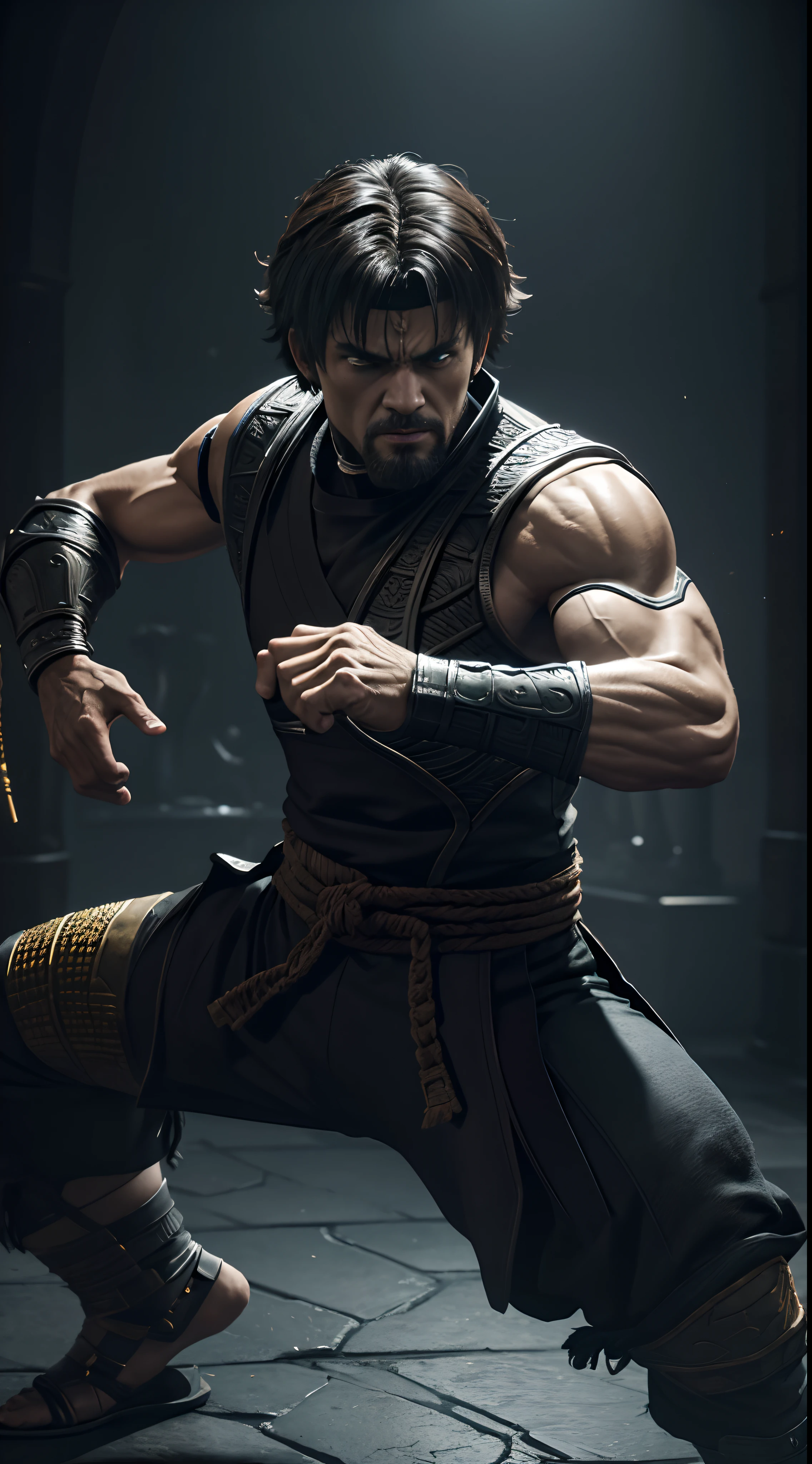 detailed symmetric, 3D rendering, sf, masterpiece of intricate art, epic, cinematic, high detail, highly detailed, Mortal Kombat 11-style character, shaggy appearance with martial arts stance, dramatic lighting, intense action, art style: MK11 shaggy fighter