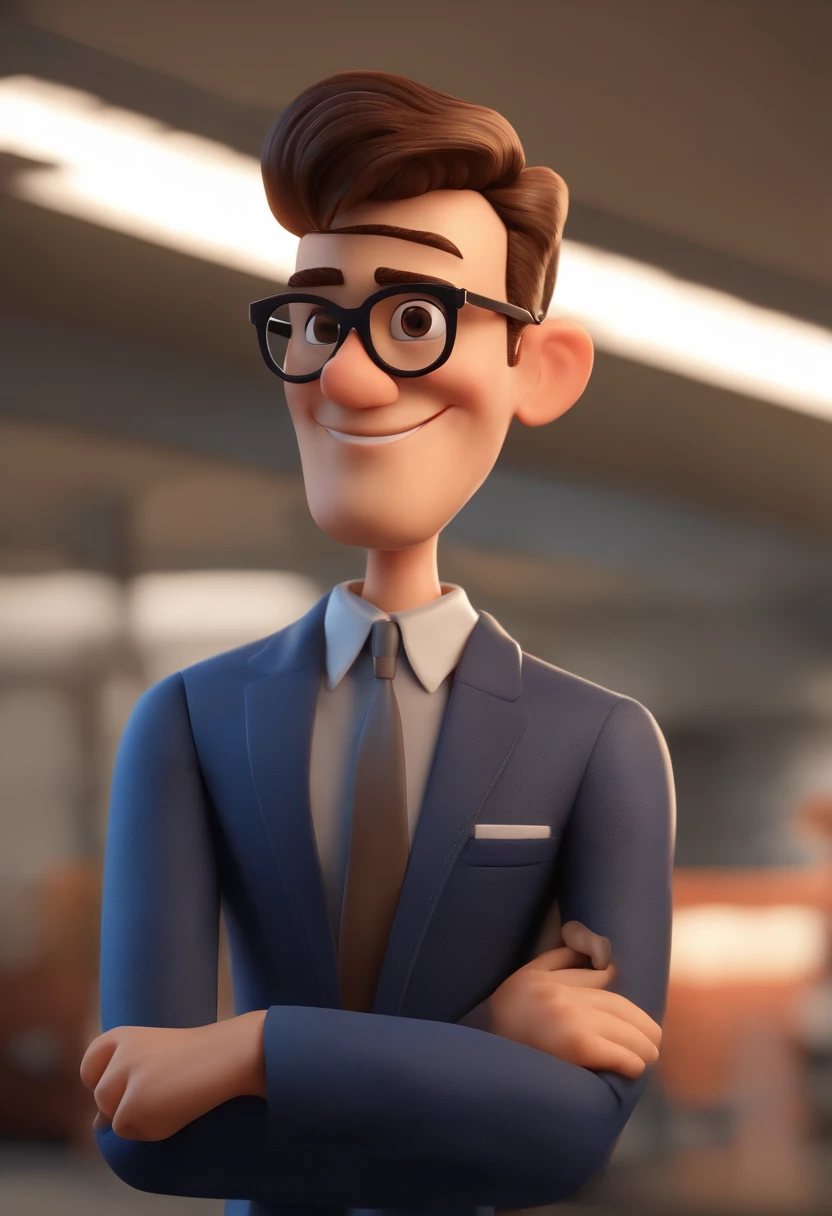 Cartoon character of a man wearing black glasses and a blue shirt, um personagem animado, Caractere estilizado, animation style rendering, 3D estilizado, Arnold Maya render, 3 d render stylized, toon render keyshot, Personagem 3D, Personagem 3D, 3d rendering stylized, 3 d character render, personagem de desenho animado, Personagem de close up, Pose de personagem, (Estilo Pixar) (master part:1.2) (Bokeh) (best quality) (pele detalhada) (textura detalhada) (8k) (argila) (Cinematic lighting) (foco nítido,Senta e vaza a parte superior do corpo, Indicated hand finger too large, medic, Consulting behind it, corpo inteiro