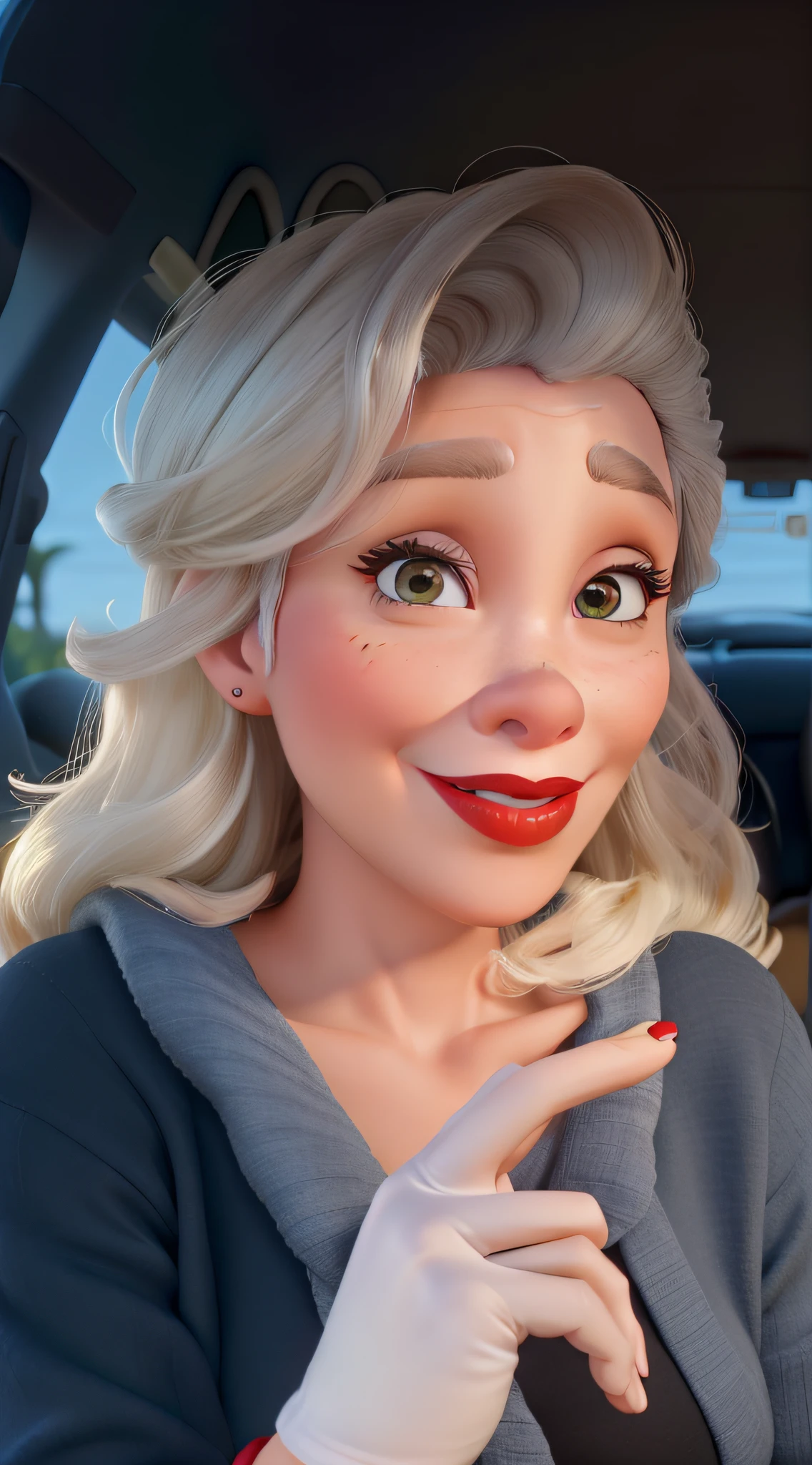 Mulher de 43 anos , loira, olhos claros, cabelos ondulados no ombro, red-lips, estilo disney pixar cartoon