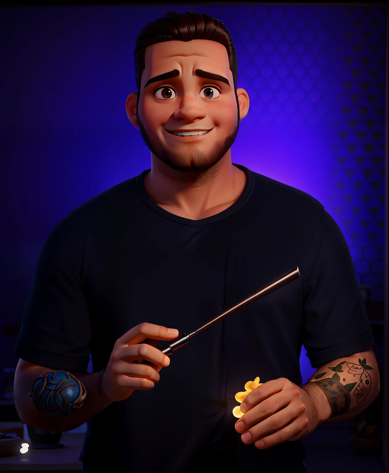 Um gordinho de cabelo cortado em volta de uma cadeira de barbeiroaltura de 1,70, illuminated by the light of a lamp, contra o pano de fundo de uma barbearia