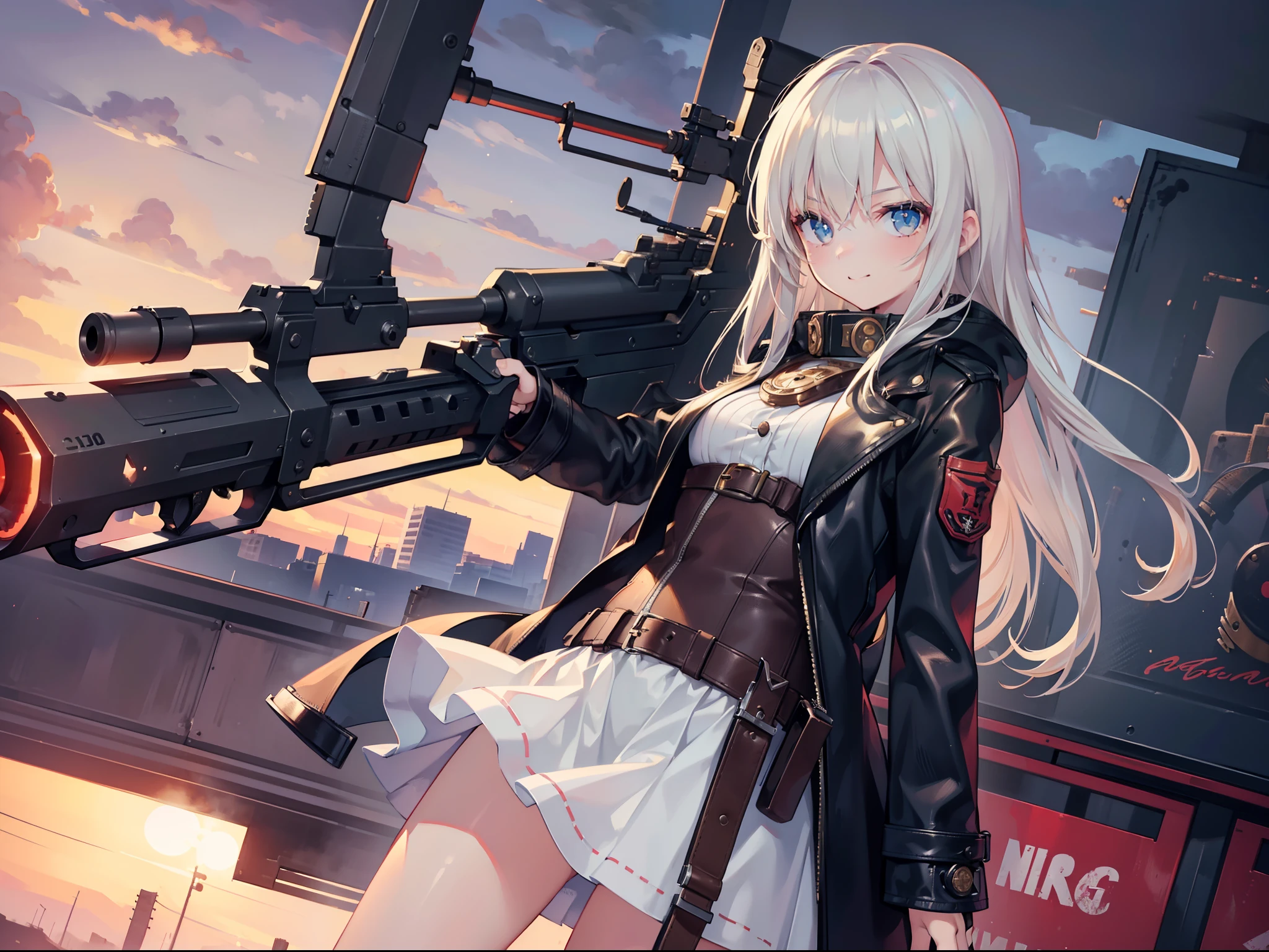1 girl , (point big gun at viewer) , cowboy shot, close to viewer, character focus,cinematic angle, smirk, leather coat, ((masterpiece)), ((best quality)), ((ultra-detailed)), (illustration), ((an extremely delicate and beautiful))