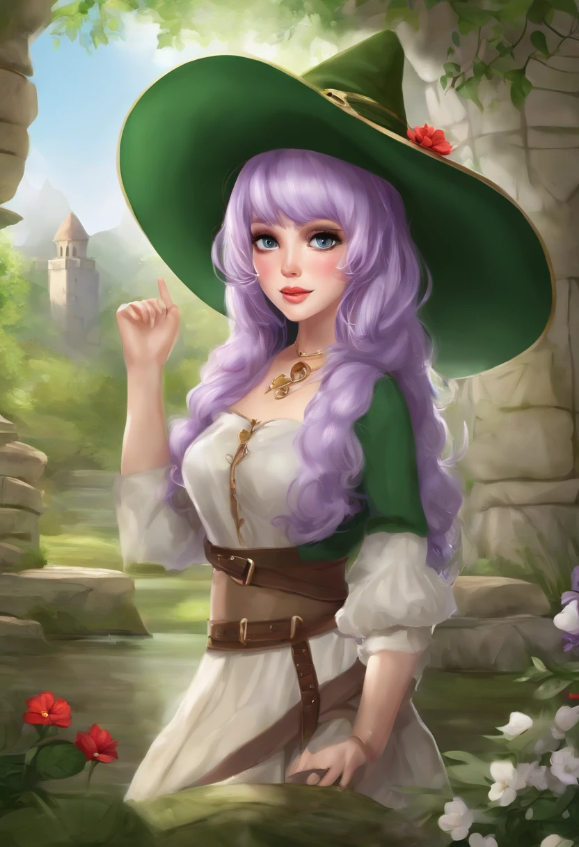 best quality, (master part:1.2), illustration, absurdos, (1girl, sozinho), ( detalhada bonita),, Aeolia, lilac hair, cabelos longos, olhos vermelhos, medium breasts,, Feliz, alegre,, green hat, hat with feather ornament, vestido verde, Casaco Verde, (fantasia:1.1) (medieval:1.1) traje, (preto_knee tights:1.1), camisa branca, brown shorts, Boots lined with wool, Botas marrons,, magical forest, flor, anel de fadas, ancient ruins, Stone ruins, lago, heaven, nuvem