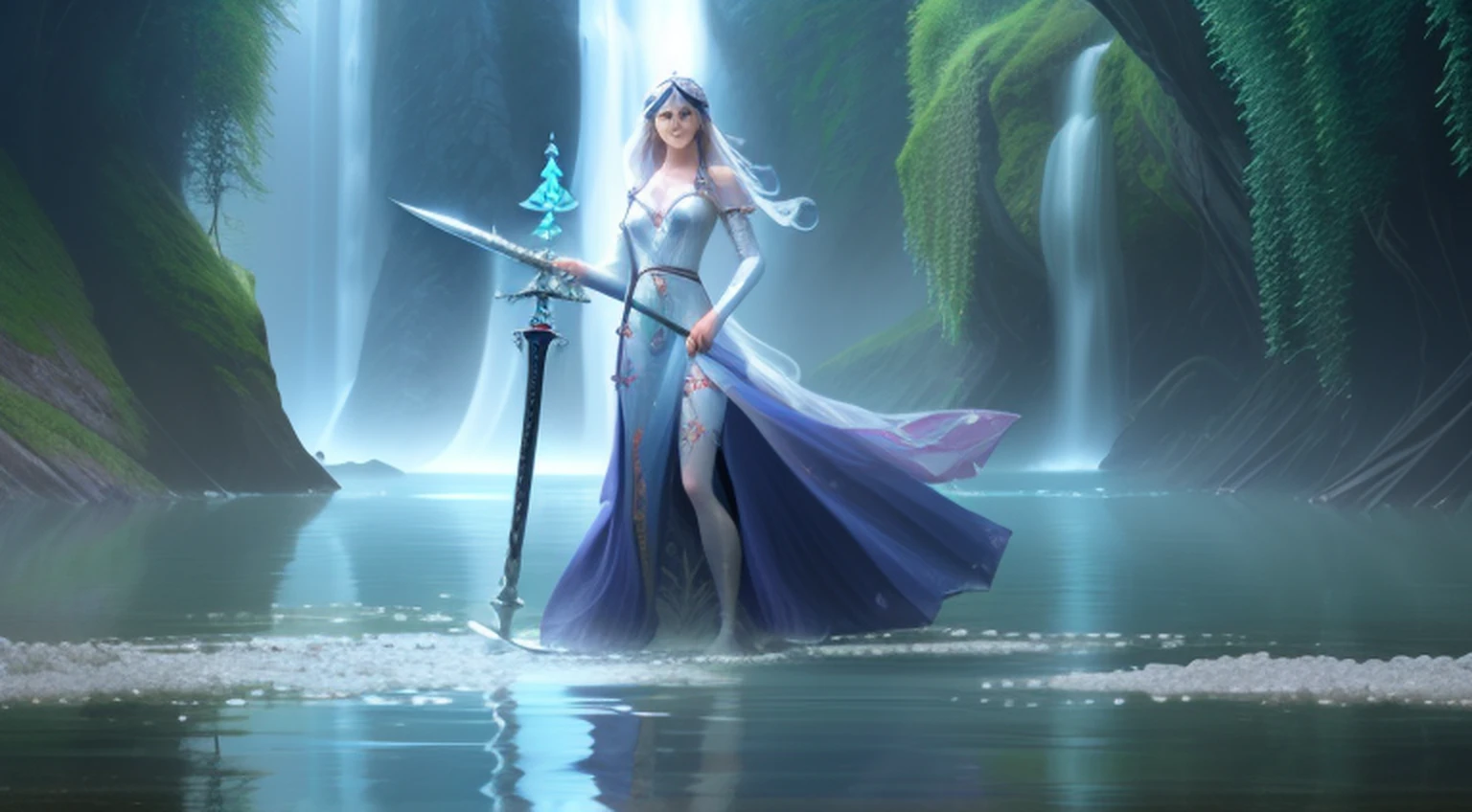 lady of the lake, a fey woman partially submerged, arms outstretched (((holding Excaliber sword horizontaly))), water dripping off of clothes, flowing gossamer clothing, enchanting,artstation,smooth, sharp focus,art by ross tran and greg rutkowski and alphonse Mucha and Bak Karol, (digital painting:1.16), soft lighting, CGSociety,ArtStation,(__Hyperrealism:1.3),(__Photorealism:1.3),(Land Art:1.3),(CMYK Colors:0.5),naturalism,land Art,regionalism,shutterstock contest winner,trending on unsplash,featured on Flickr