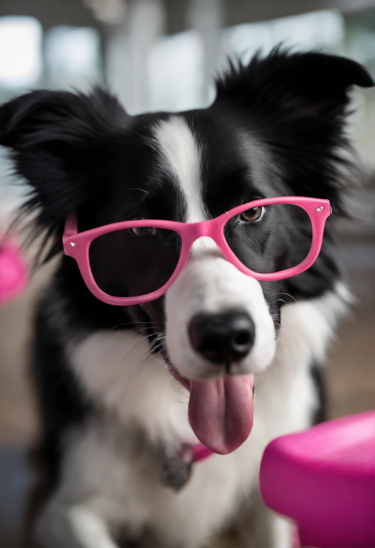 Criar um personagem pixar de um cachorro border collie na pelagem cinza com branco, Wearing glasses with black frames, With a pink tongue sticking out. Pixar scenery with other dogs in the background playing in a dog daycare.  Imagem de alta qualidade.