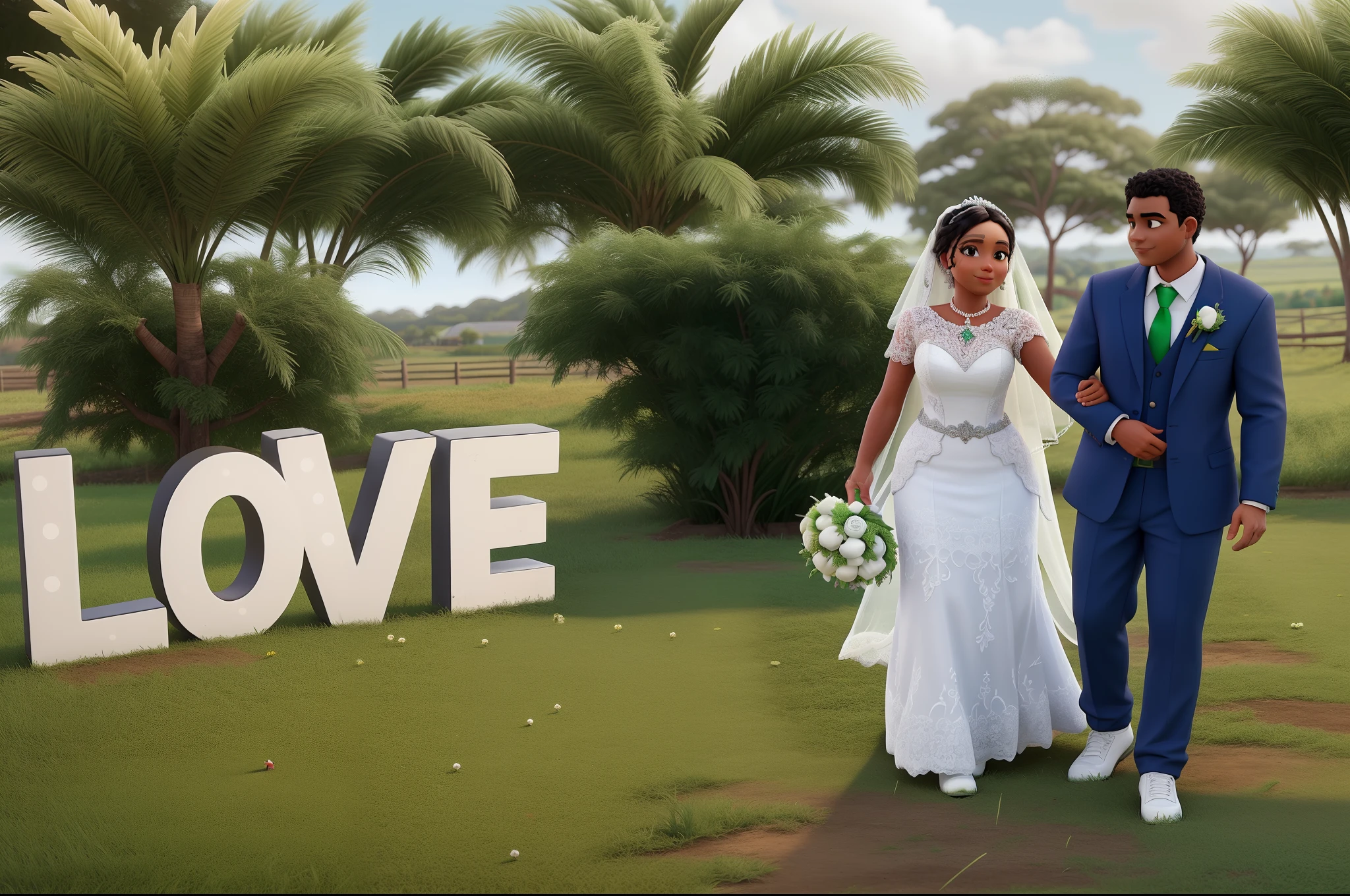 Casal jovem brasileiro, mulher negra e homem branco , Getting married on a farm with green grasses
