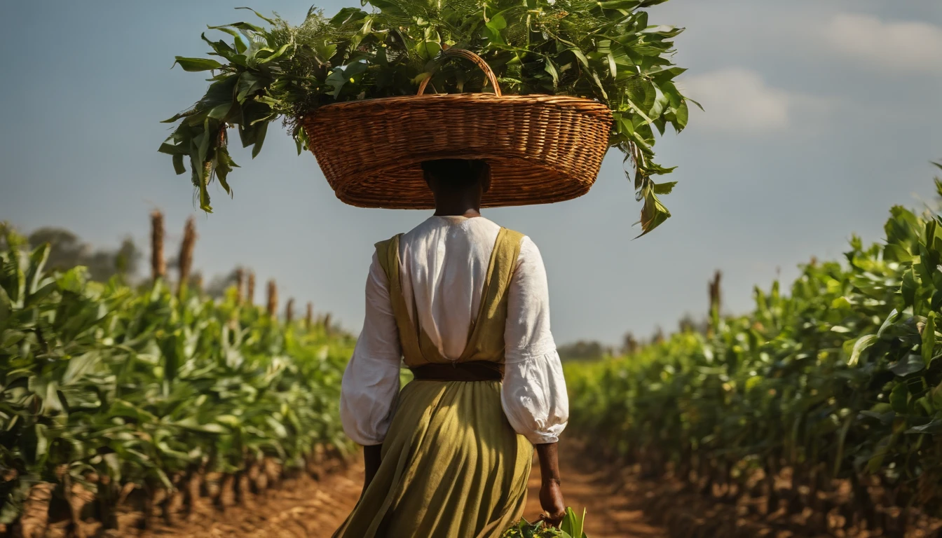 ultrarrealismo, oil-painting, silhueta, mulher agricultora, Walking through a plantation, Carrying a straw basket over his head, Both arms are raised balancing the basket, fundo verde, plantation