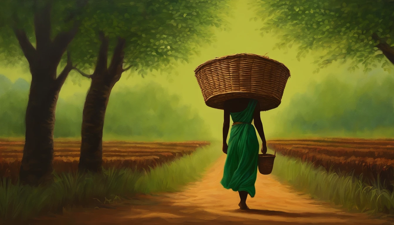 ultrarrealismo, oil-painting, silhueta, mulher agricultora, Walking through a plantation, Carrying a straw basket over his head, Both arms are raised balancing the basket, fundo verde, plantation