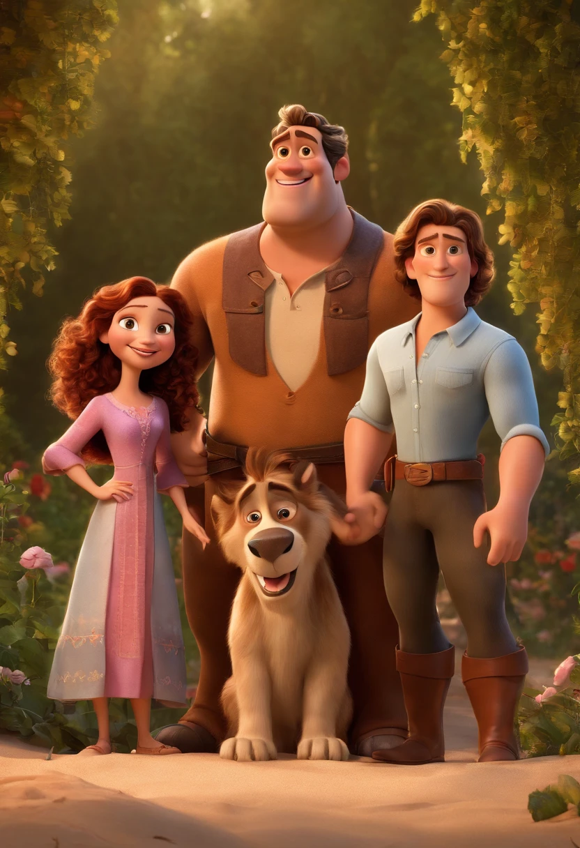 a Disney Pixar movie poster showing a white-skinned family. The father is the tallest, Tem barba curta, loiro, cabelos curtos e espinhosos. The mother has brown eyes and hair, shoulder-length and is slightly overweight. A menina tem 4 anos e cabelos castanhos, roupa rosa e rabos de cavalo. The background is a beach garden. 3D-rendering