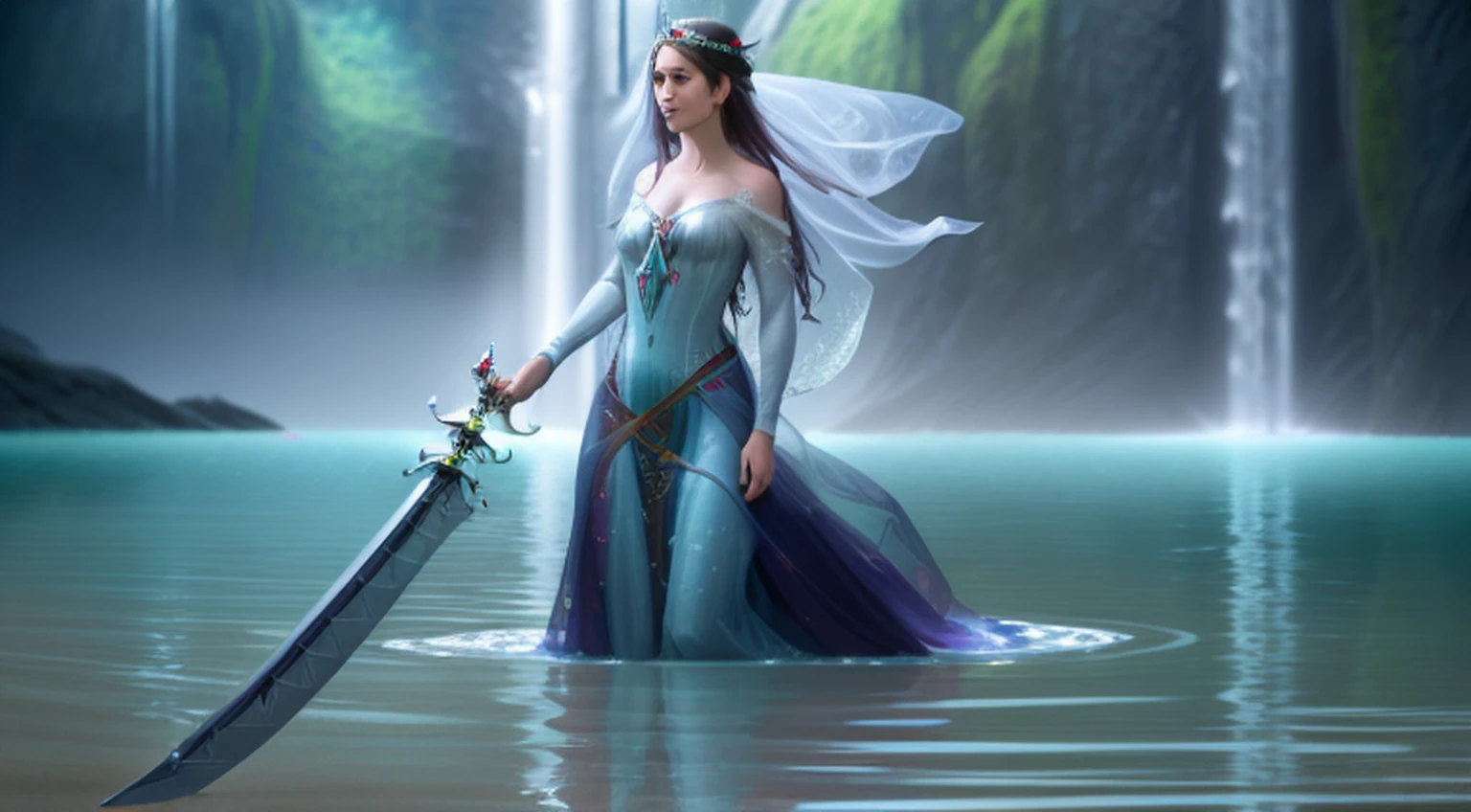 lady of the lake, a fey woman partially submerged, arms outstretched (((holding Excaliber sword horizontaly))), water dripping off of clothes, flowing gossamer clothing, enchanting,artstation,smooth, sharp focus,art by ross tran and greg rutkowski and alphonse Mucha and Bak Karol, (digital painting:1.16), soft lighting, CGSociety,ArtStation,(__Hyperrealism:1.3),(__Photorealism:1.3),(Land Art:1.3),(CMYK Colors:0.5),naturalism,land Art,regionalism,shutterstock contest winner,trending on unsplash,featured on Flickr