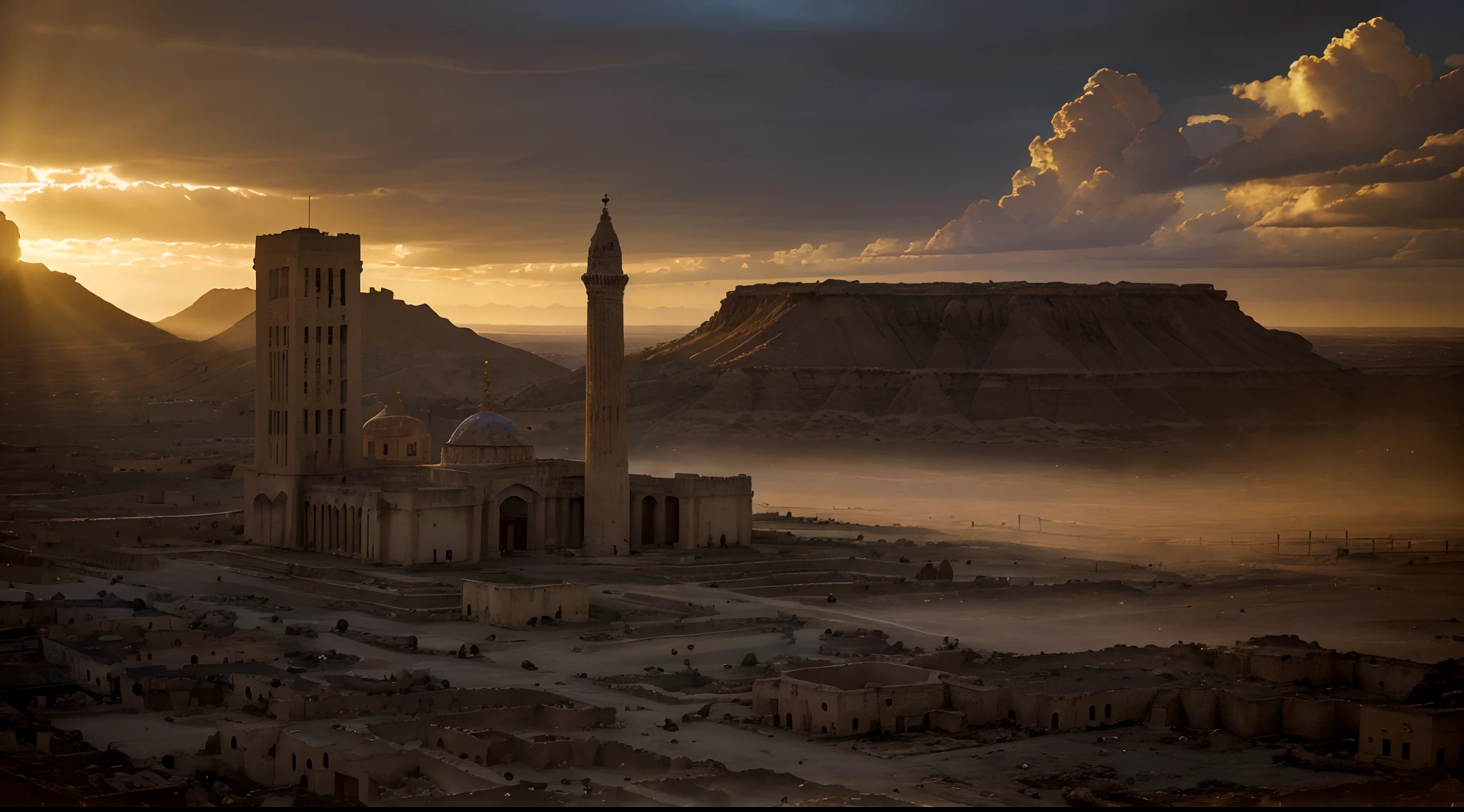 (best quality,4k,8k,highres,masterpiece:1.2),ultra-detailed,(realistic,photorealistic,photo-realistic:1.37),ancient city,Sodom,old biblical times,ruins,desolation,destroyed architecture,dusty roads,dilapidated buildings,broken walls,barren landscapes,crumbling statues,abandoned marketplaces,dark clouds gathering,eerie atmosphere,vivid colors,beautiful sunset,beams of light shining through the clouds,hint of divine presence,golden hues,ominous shadows,mysterious figures lurking,biblical aura,ethereal aura,serenity in chaos,haunting beauty,surrealism