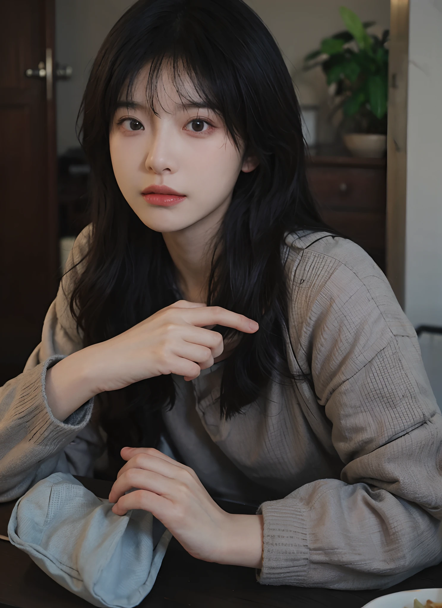 best qualtiy, 超高分辨率, (realisticlying:1.4), A woman with long black hair and a gray sweater, 中景 the scene is, She has black hair,By bangs, young lovely Korean faces, wan adorable korean face, ulzzangs, Shin Jinying, beautiful aesthetic face, Korean face features, Played by Liu Lee Ji Eun ,Beautiful realistic face