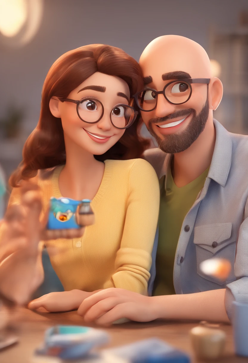 An illustration of an adorable couple, Highlight for a smiling bespectacled bald man and a white woman with beautiful expressive eyes - the man's skin is white and the head shaved while the woman's skin is white and the woman's hair is straight and gray. They are a bright room, cada um com um sorriso no rosto, e compartilhar um momento especial caracterizado pelo amor, Insights. Illustrate this scene from a perspective where they are facing the camera, Smiling and Showing Your Connection. Desenvolva esta arte em Full HD, Focus on your cinematic touch, Estilo Disney Pixar Animations