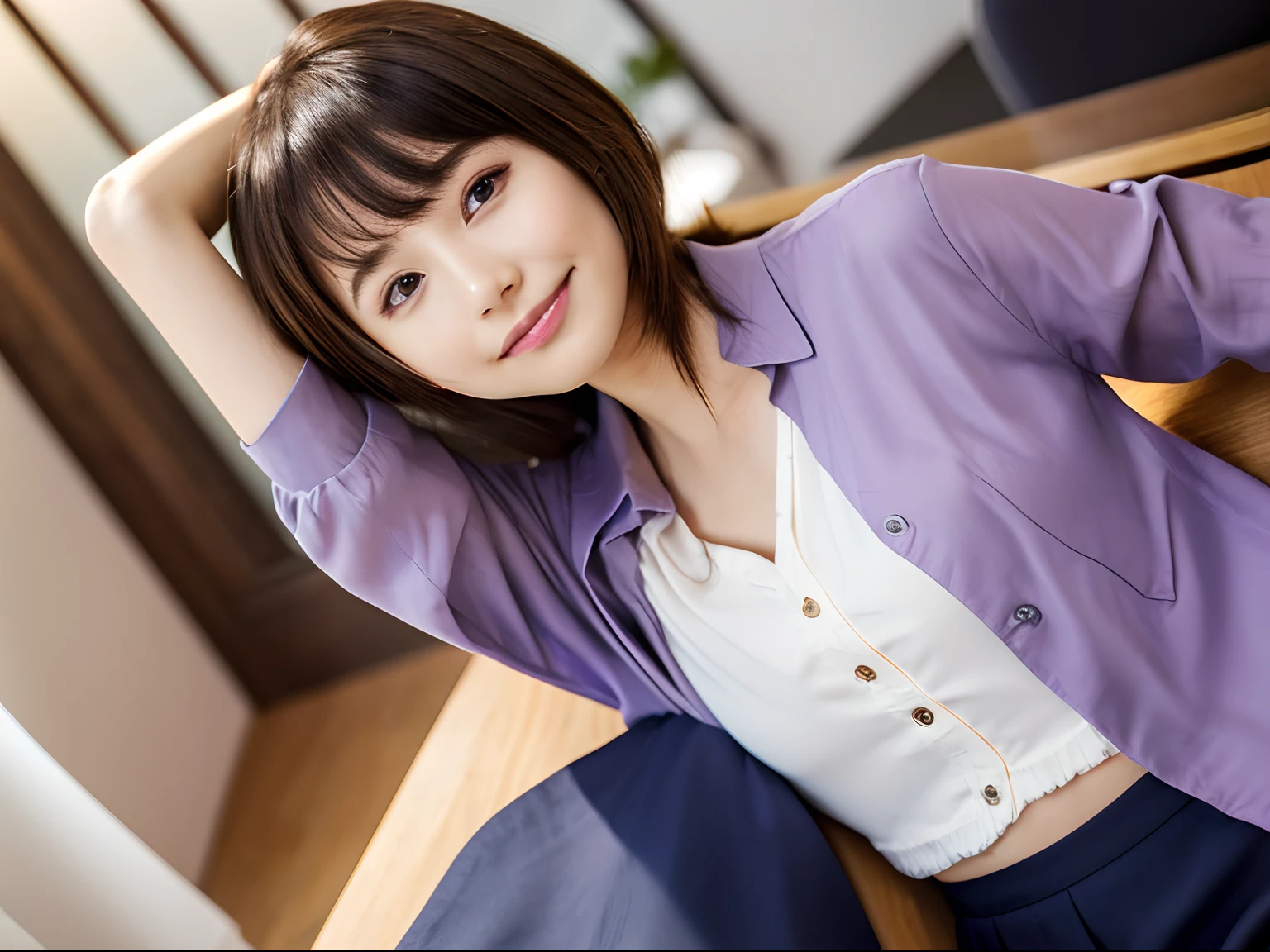 One-person viewpoint, (masutepiece:1.3), High resolution, ultra-detailliert, the Extremely Detailed CG Unity 8K Wallpapers, Realistic, Photorealsitic, Raw photo, beautifull detailed face, pale skin, realistic glistening skin, Detailed Cloth Texture, detailed hair texture, Perfect body, Beautiful face, acurate, Anatomically correct, Highly detailed face and skin texture, Natural neck length, (Beautiful hands), (Fair skin:1.2), thin legs, Thin feet, 
BREAK, 
Detailed eyes, symmetrical eye, Light brown eyes, Double eyelids, Thin eyebrows, (Glossy lips:1.4), ((gently smiling:1.2)), (blush:1.1),
BREAK, 
(Classy and cute girl:1.3), (Wear elegant clothes (Light purple) Button shirt:1.2), ((navy) Long skirt with irregular hem:1.2), Close the button, (Long skirt), 
medium breasts, (Slender figure:1.1), Firm abs, Beautiful collarbone, 
(Dark blonde hair, Wavy Hair, Long hair:1.2), ((asymmetrical bangs:1.2)), 
BREAK, 
(Stretch out one hand:1.2), 
((In a modern office in Japan)), (Cowboy Shot:1.2), Looking at Viewer, View from a little below,