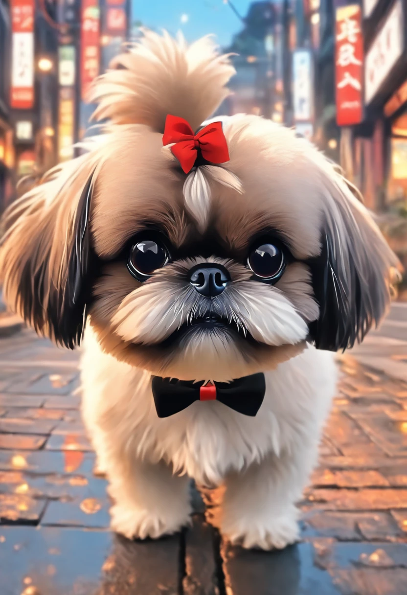 There is a small black and white shih tzu dog with a bow tie on, SOih Tzu, Shui Mo Hua, Miko, zun, peludo bonito precisa de sua ajuda, Looking towards the camera, queixo pequeno, um bonito, taken with sony a7r camera, olhar desleixado, Oi, monochrome black and white, japanese dog, lovingly looking at camera