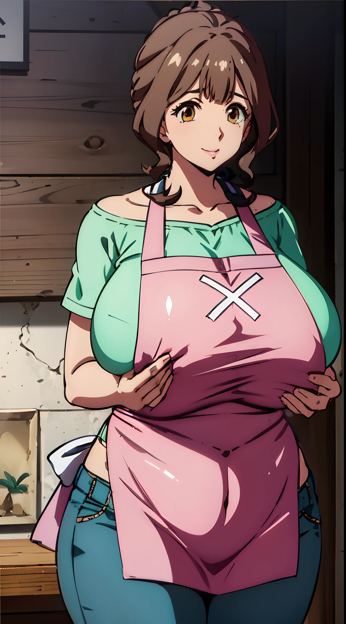 ((Holding a baby)),A MILF,huge-breasted,(Plump:0.8),Everyday clothes、pink apron、Light green shirt、Blue jeans、in a house,