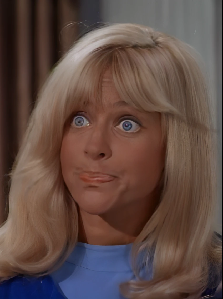 a woman with blonde hair and blue shirt looking at the camera, huge-eyed, long blonde hair and large eyes, long blonde hair and big eyes, huge surprised eyes, wide eyes shocked expression, blonde hair and large eyes, huge downslanted eyes, robin, shocked look, big eyes!!!!!!!!, blue eyes and blond hair, lsd face, more tan face, elaine