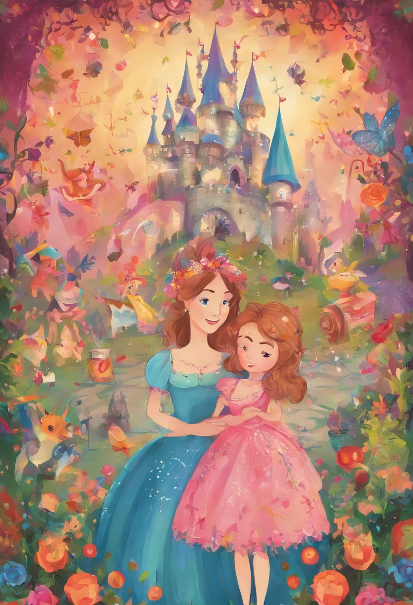 A girl and a woman at a birthday party, colorful backdrop