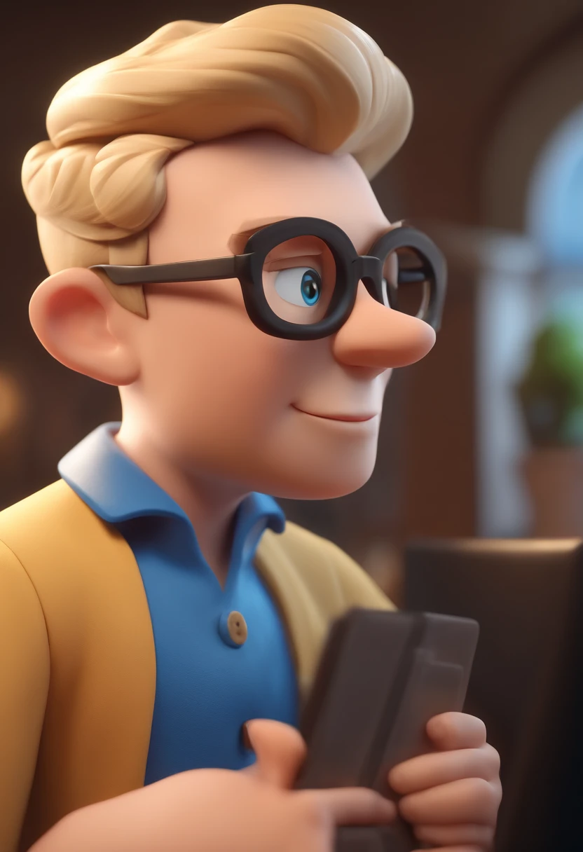 cartoon character of a man, blond hair, with black rectangular glasses and a blue shirt, blue eye, briefcase in hand, animation character, stylized character, animation style rendering, 3d stylized, Arnold Maya render, 3 d render stylized, toon rendering keyshot, 3D Character, 3D Character, Stylized 3D Rendering, 3D Character Rendering, cartoon character, Closeup Character, Character Pose, (Pixar Style) (Masterpiece:1.2) (Bokeh) ( best quality) (detailed skin) (detailed texture) (8k) (clay) (Cinematic lighting) (sharp focus