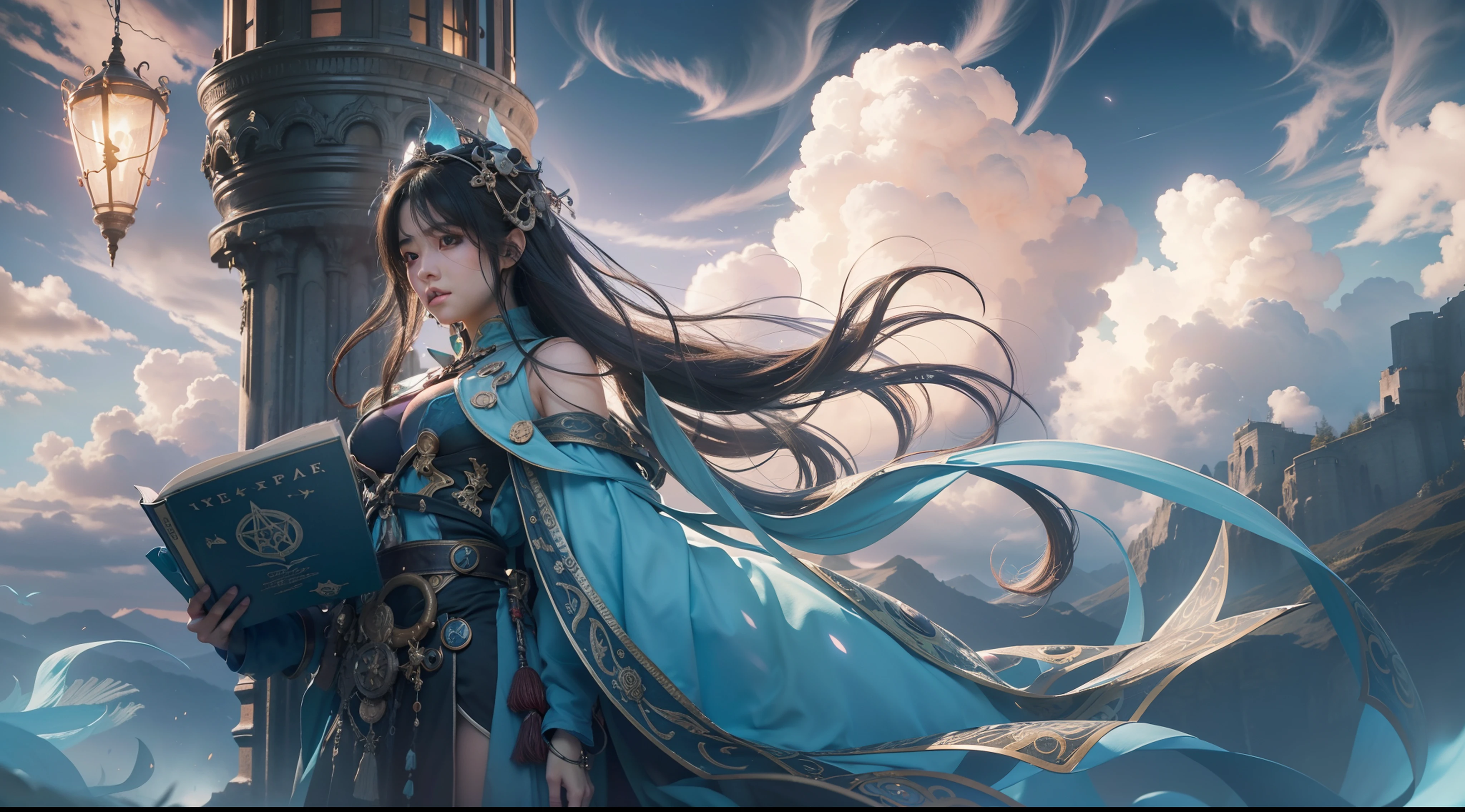 Above the rising clouds,Night, Dark, (Fantasy),infinite,deep blue sky,The abyss of knowledge,Cowledge,((masutepiece)), (((Best Quality))),((Beautiful fine eyes)),(Eye lashes)、Realistic clouds、Very beautiful face、The ultra -The high-definition、Steampunk castle、beautiful  Girl、(女の子1人)、Black hair、The long-haired、abyss eyes、glowy skin、oils、small tits、Perfect human body structure、Wizard robes、der riese、tattered cloth、Realistic coat、Teenchi、Super delicate CG Unity 32k wallpaper、photoRealstic、​masterpiece, ((ultra-detailliert)), ((illustratio)),colourfull,wall-paper,The energy,Unknown terror,Incomprehensible,Around the magic,Magical surroundings,magic wands,Boken,Flying pages,Know everything,Predict the future、Get to know the past、Infinite wisdom、blue flames、Warlock、magic circles、Pentagram、Spells、mantra、Singing magic
