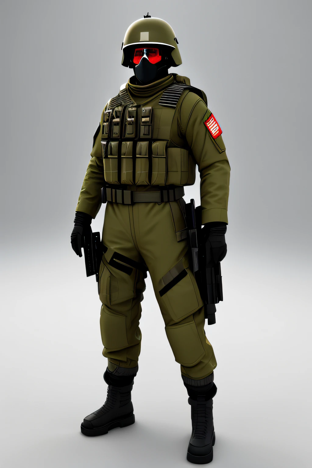 A soldier in a red Soviet military uniform with elements of futurism stands on a bright white background, whitebackground, white background for asset, t-pose, Out-T, In his left hand are futuristic electro weapons