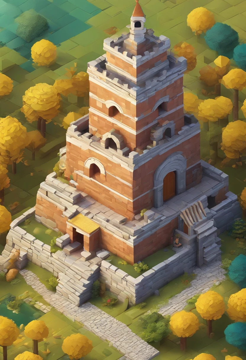 absurdres, best quality, fantasy, isometric, knolling style of (miniature brick round tower:1.2), tree, stone wall, (simple background:1.2)