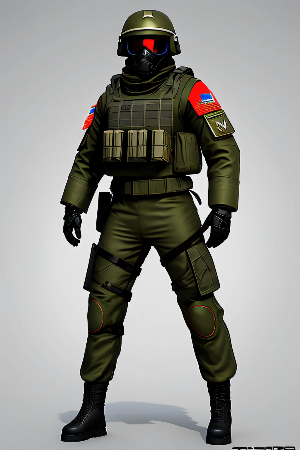 A soldier in a red Soviet military uniform with elements of futurism stands on a bright white background, whitebackground, white background for asset, t-pose, Out-T, In his left hand are futuristic electro weapons
