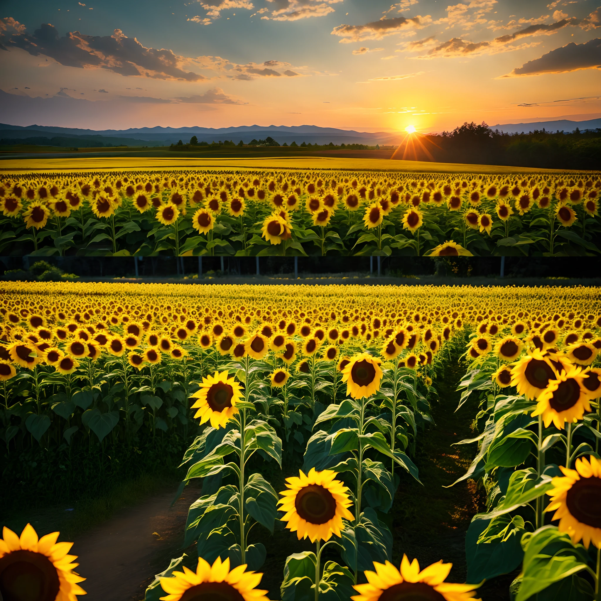 sunflowers fields、Dyed in the sunset、Fantastical、mystical、8k photo、Deep、