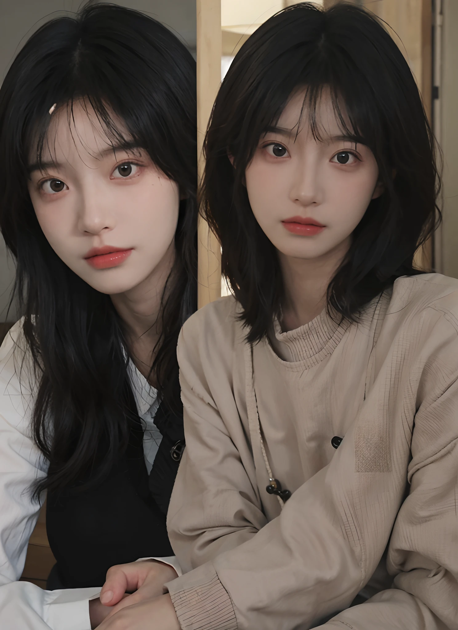 best qualtiy, 超高分辨率, (realisticlying:1.4), A woman with long black hair and a gray sweater, 中景 the scene is, She has black hair,By bangs, young lovely Korean faces, wan adorable korean face, ulzzangs, Shin Jinying, beautiful aesthetic face, Korean face features, Played by Liu Lee Ji Eun ,Beautiful realistic face