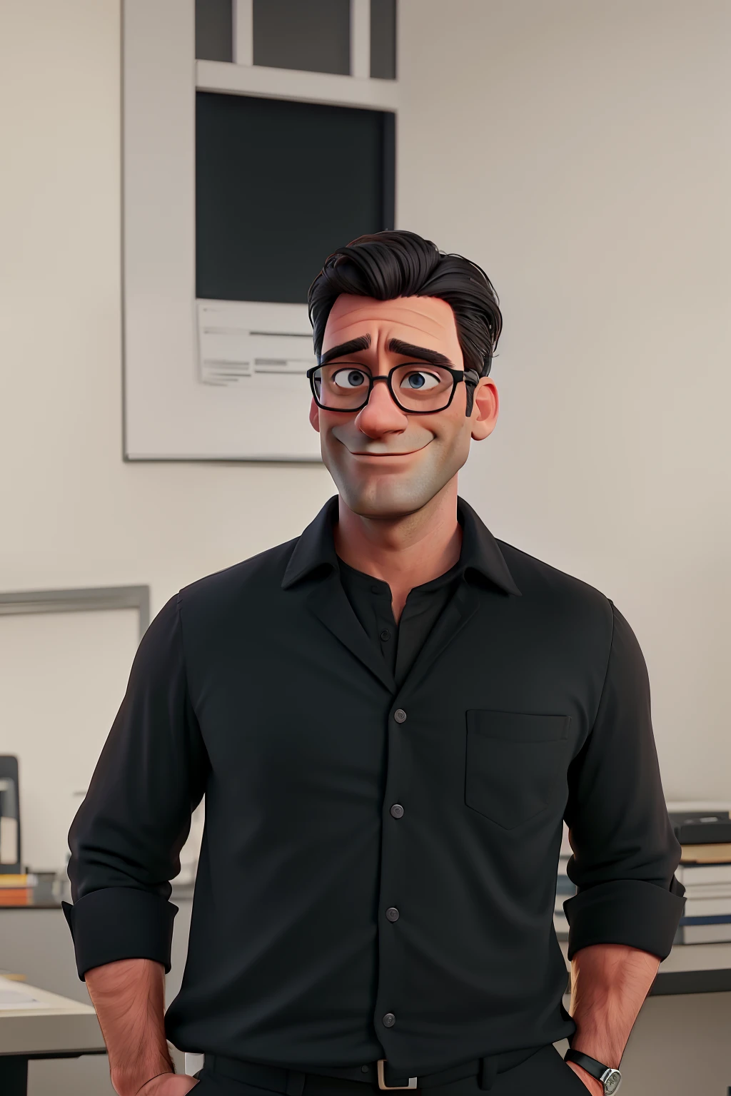 Jon Hamm dressed in a black shirt and black pants, sorrindo e apontando para o lado com o dedo indicador. Background landscape being an office. Face with stubble and prescription glasses with beard