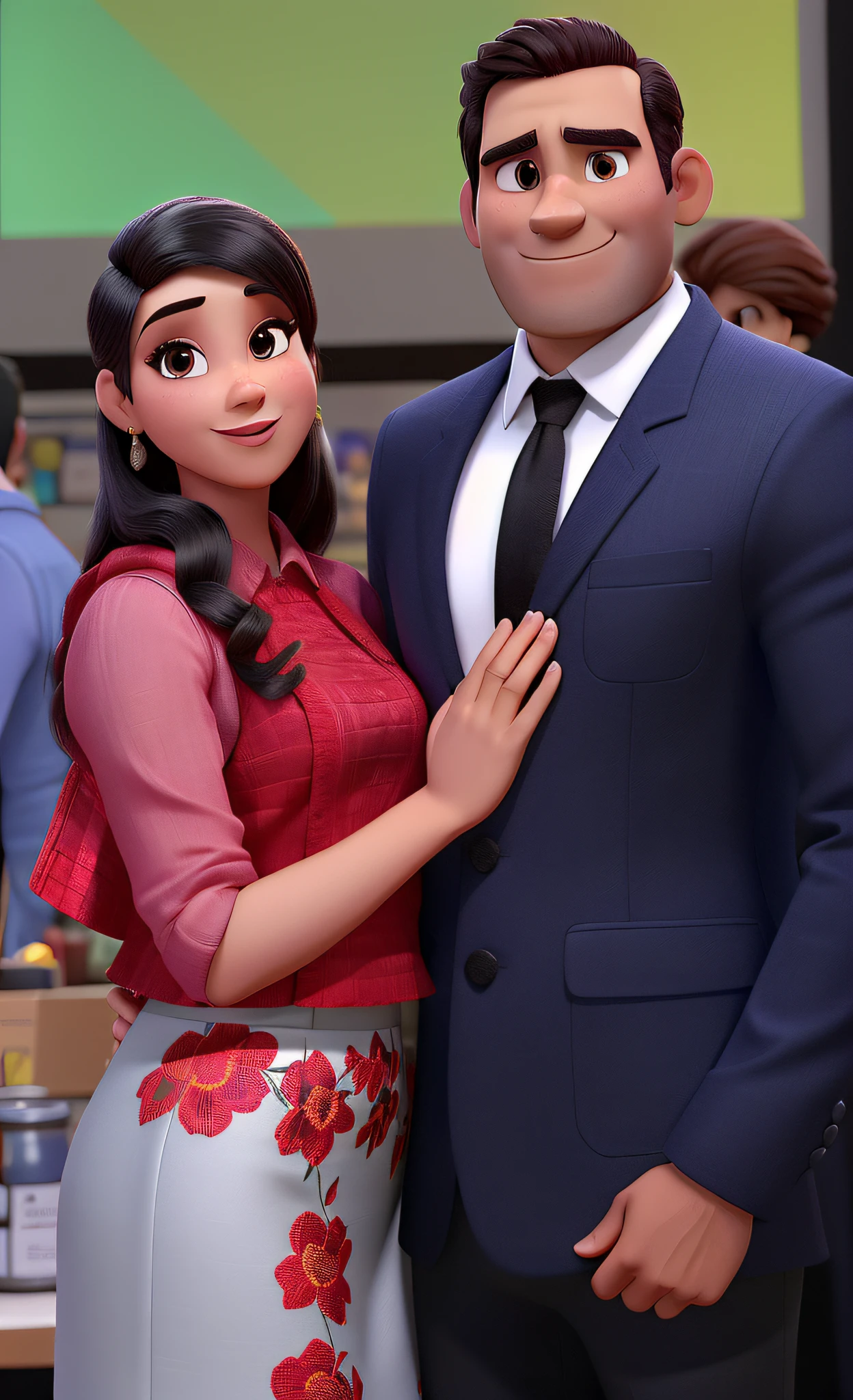 Homem e mulher estilo Pixar, homem de terno preto, mulher de vestido vermelho, homem alta qualidade, melhor qualidade, mulher alta qualidade, melhor qualidade