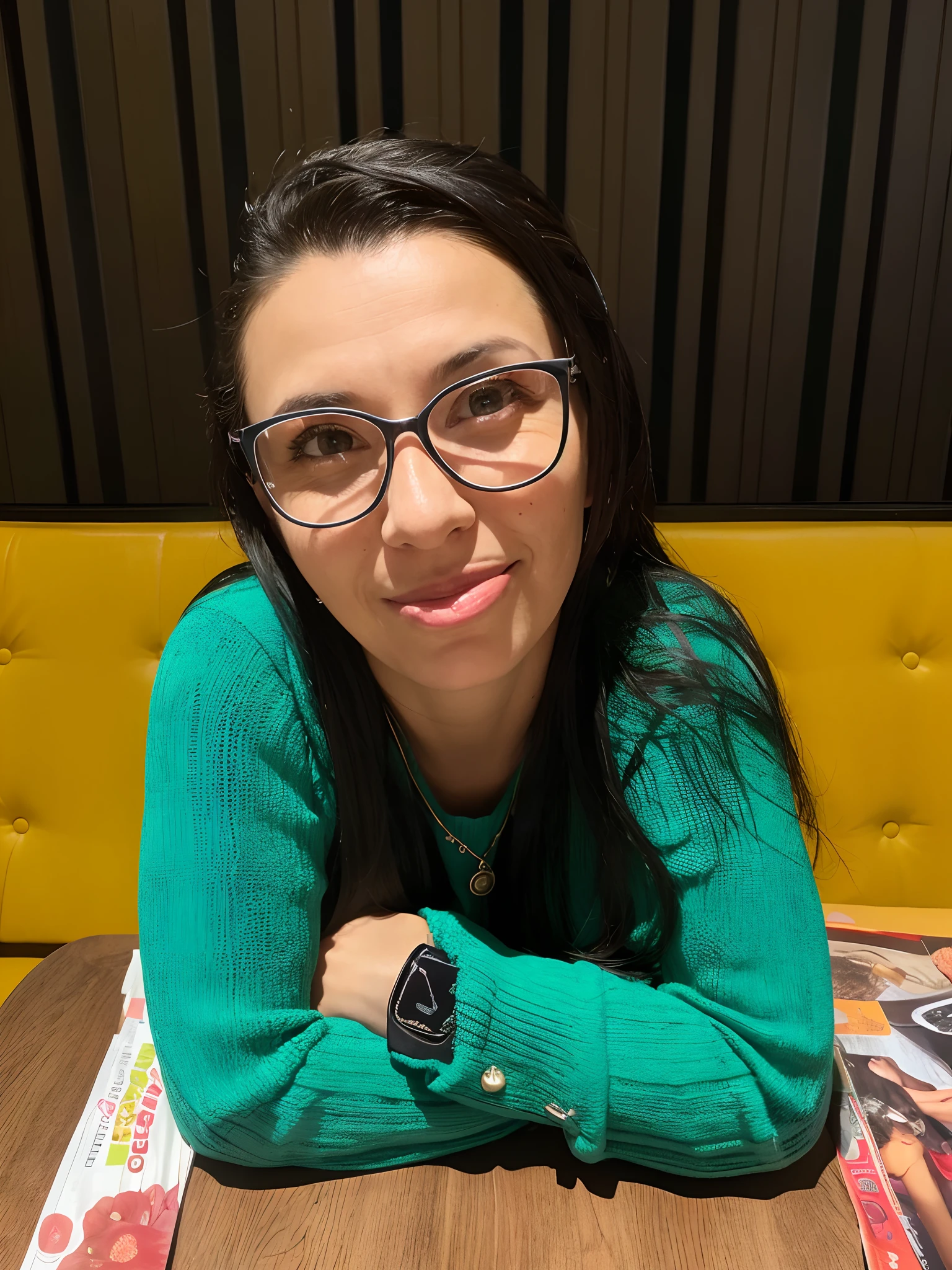 Smiling woman with glasses sitting at a table with a magazine, Estefania Villegas Burgos, Directed by: Nandor Soldier, Alanis Guillen, by Gina Pellón, photo of džesika devic, Anos Imane, foto retrato, fernanda suarez, Malika Favre