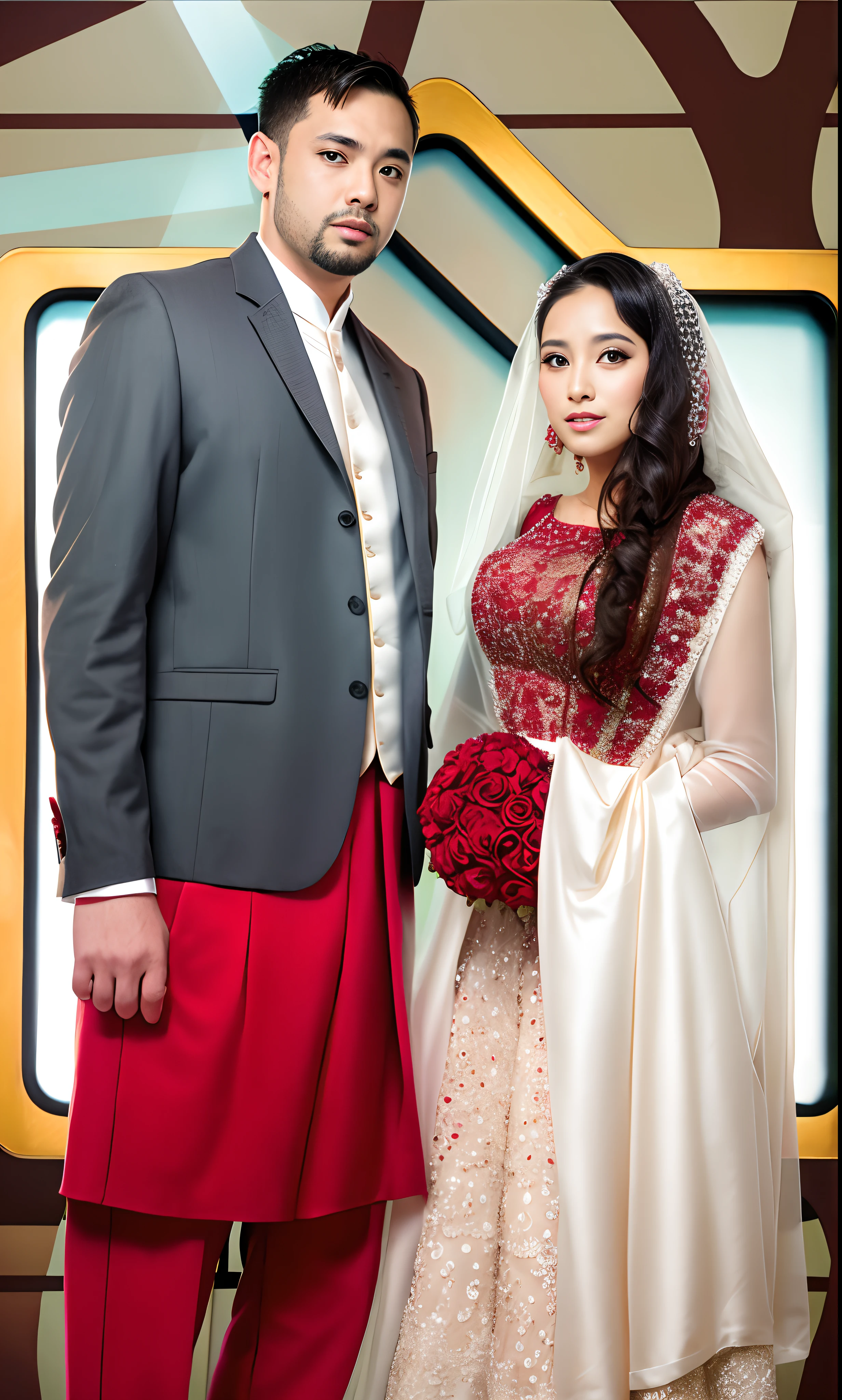 Wedding red dress wear bride and groom