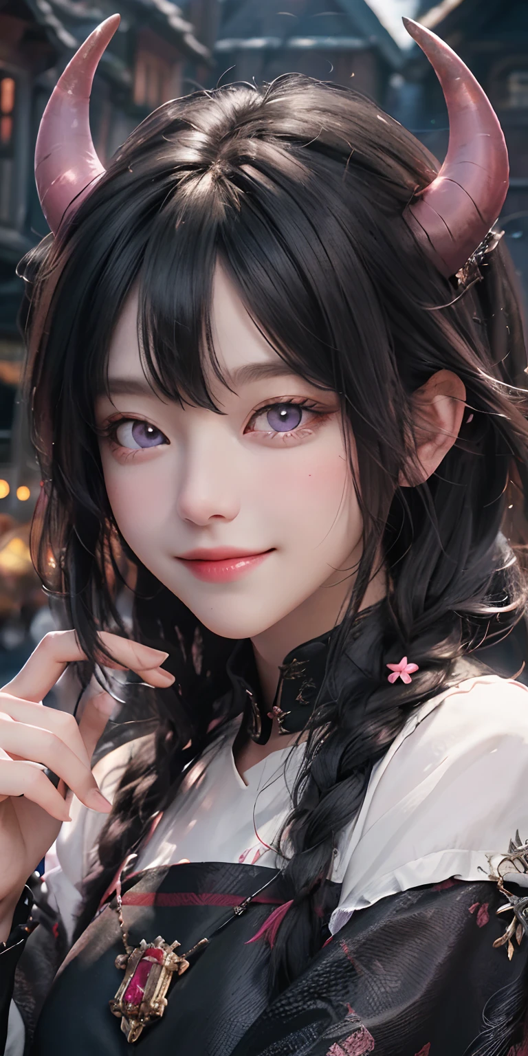ultra-detailed, high res, masterpiece, beautiful girl, black hair, devil horn, tied hair, pink eyes, ???, village background, smile face