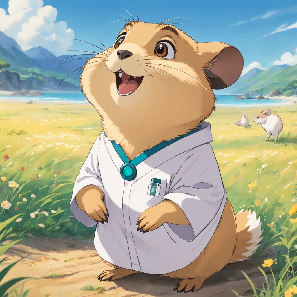 (best quality,Altas),Prairie dog dressed in white scrubs,sorrindo com um belo sorriso detalhado,segurando uma escova de dentes na boca,staring into the distance,esfoliantes brancos,History with a dental clinic,Prairie dog looking at camera