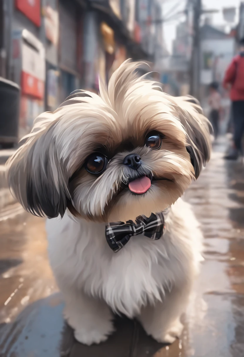 There is a small shih tzu dog mixed in black and white colors with a bow tie in, peludo bonito precisa de sua ajuda, Looking towards the camera, queixo pequeno, um bonito, taken with sony a7r camera, olhar desleixado, Oi, monochrome black and white, japanese dog, lovingly looking at camera