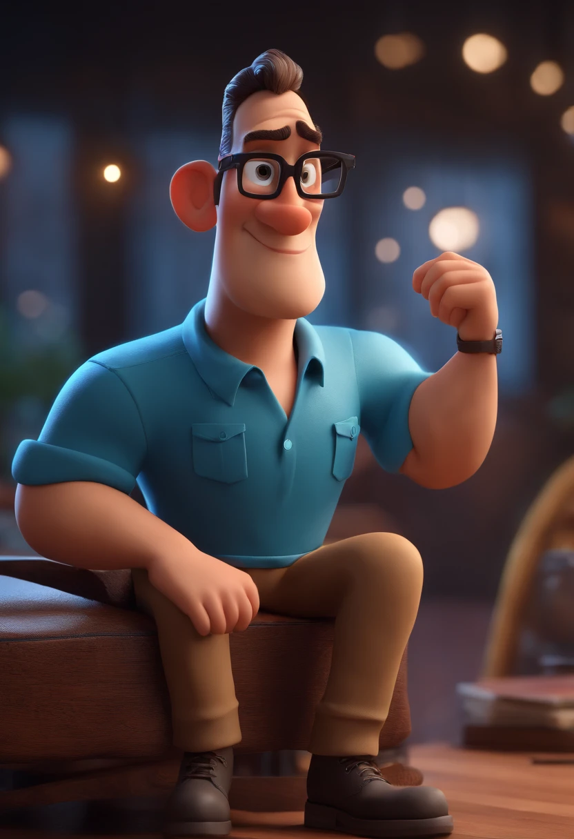 Cartoon character of a man with black glasses and a blue shirt, animation character, Caractere estilizado, animation style rendering, 3D estilizado, Arnold Maya render, 3 d render stylized, toon render keyshot, Personagem 3D, Personagem 3D, 3d rendering stylized, 3 d character render, personagem de desenho animado, Personagem de close up, Pose de personagem,  (Estilo Pixar) (master part:1.2) (Bokeh) (best quality) (pele detalhada) (textura detalhada) (8k) (argila) (Cinematic lighting) (foco nítido