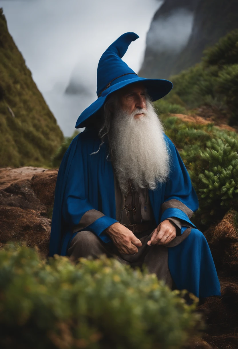 PetrPavel como um Mago, em uma madeira, Cosplay de Gandalf, Cabo Azul, blue hat