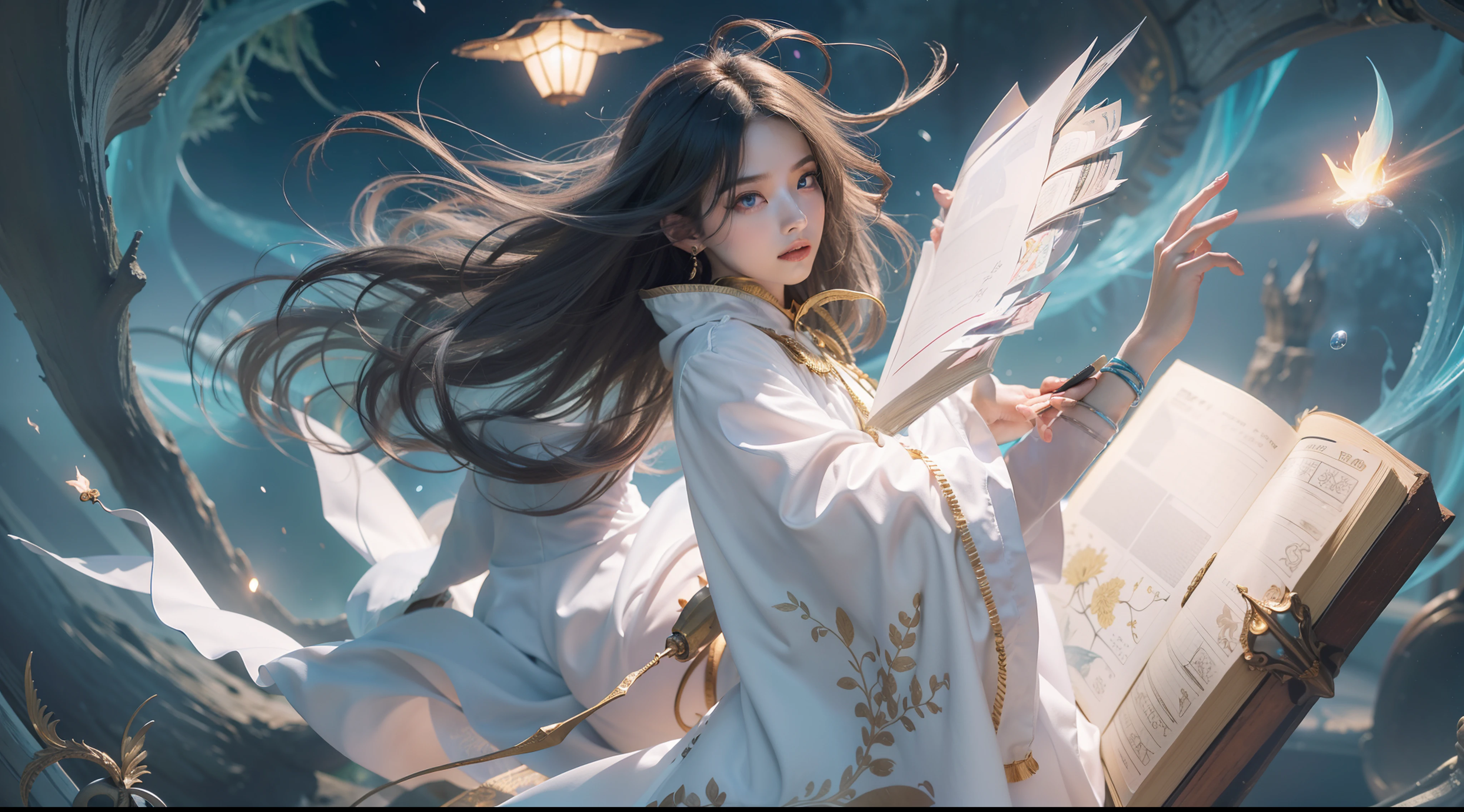 Magic Book,Blood,Night, Dark, (Fantasy),infinite,deep blue sky,The abyss of knowledge,Cowledge,((masutepiece)), (((Best Quality))),((Beautiful fine eyes)),(Eye lashes)、Very beautiful face、Beautiful girl riding a giant white lion、(女の子1人)、Black hair、The long-haired、abyss eyes、glowy skin、oils、small tits、Perfect human body structure、Wizard robes、tattered cloth、Realistic coat、Teenchi、Super delicate CG Unity 32k wallpaper、masterpiece, ((ultra-detailliert)), ((illustratio)),colourfull,wall-paper,The energy,Unknown terror,Incomprehensible,Around the magic,Magical surroundings,magic wands,Boken,Flying pages,Know everything,Predict the future、Get to know the past、Infinite wisdom、blue flames、Warlock、magic circles、Pentagram、Spells、mantra、Singing magic
