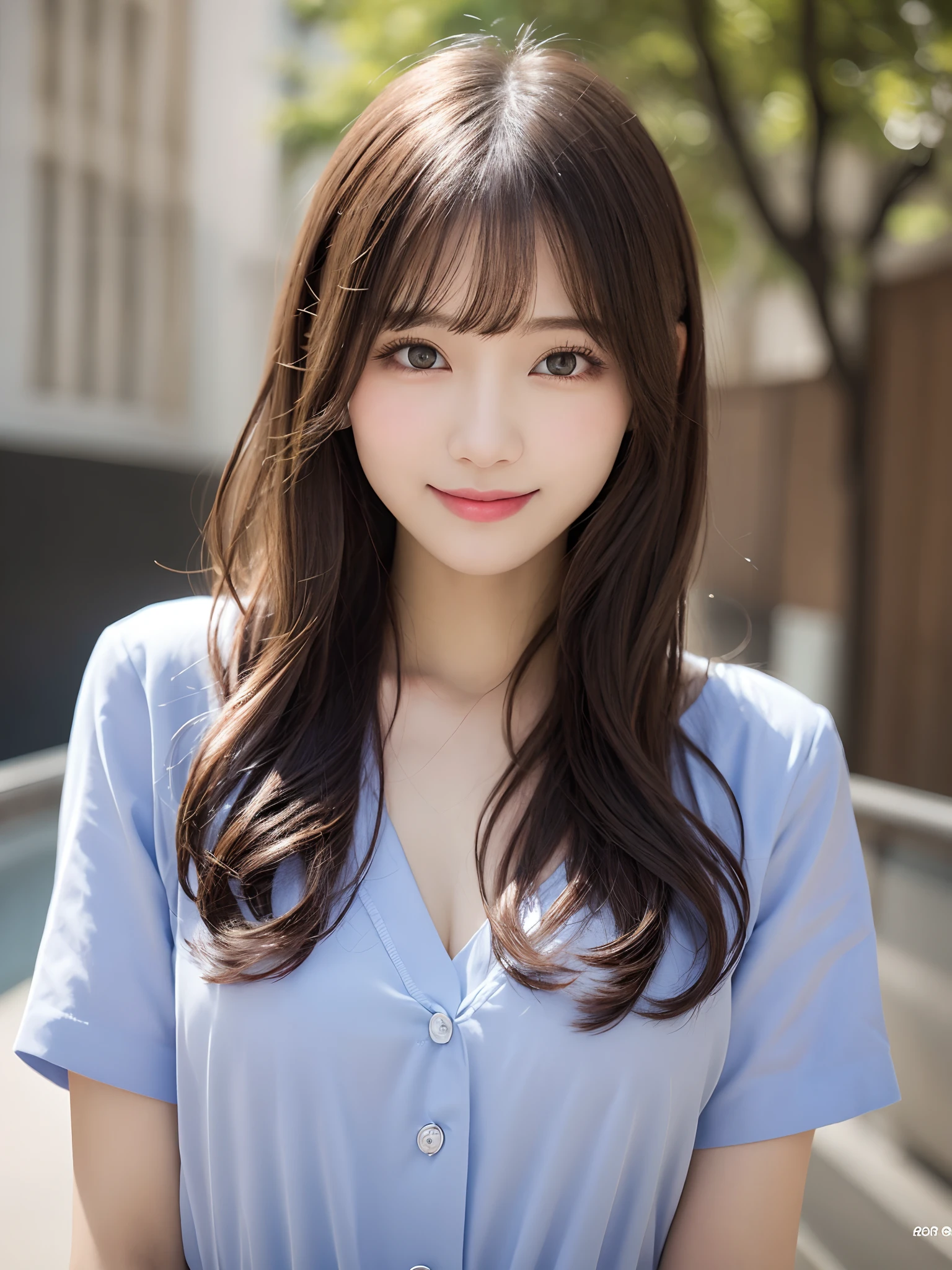 masterpiece, Highest quality, Very detailed, 複雑に詳細なSuper detailed, Realistic, Sharp features, Very detailed, Sharp focus, (18-year-old:1.3), Japanese Idols, Perfect Face, Perfect symmetrical eyes, Perfect Plump Lips, Super detailed, hyper Realistic, High resolution, Fashion Model, thin, stylish, Realistic, PhotoRealistic:1.3, Beautiful Face, From above, pov shot, Light brown hair, Messy Hair, Asymmetrical bangs, Dress neatly, (smile), (White Tops:1.2),